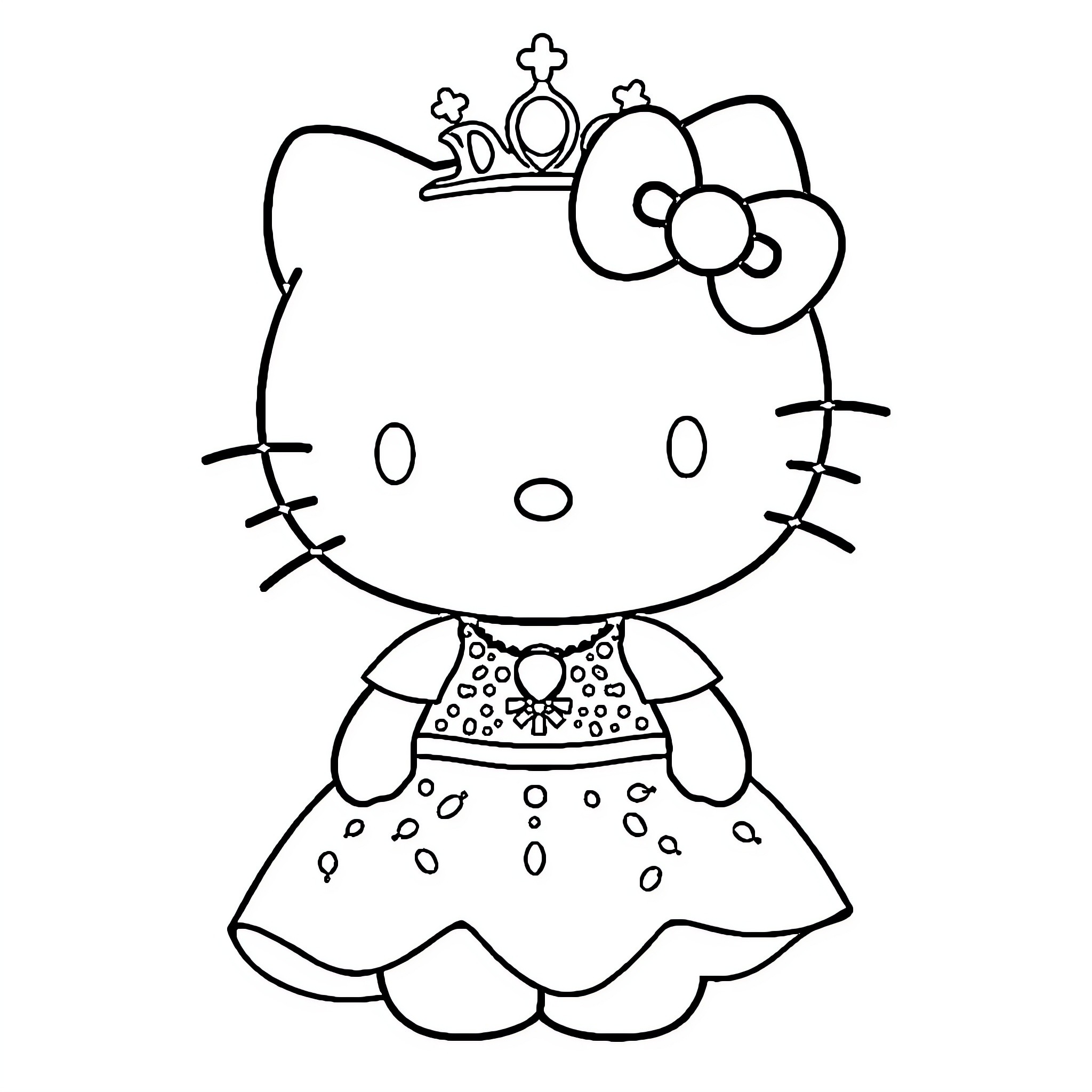 Hello Kitty Dressed as a Princess Coloring Page (free black-and-white line drawing printable PDF for all, from beginners to advanced learners, including children, teens, adults, and seniors)