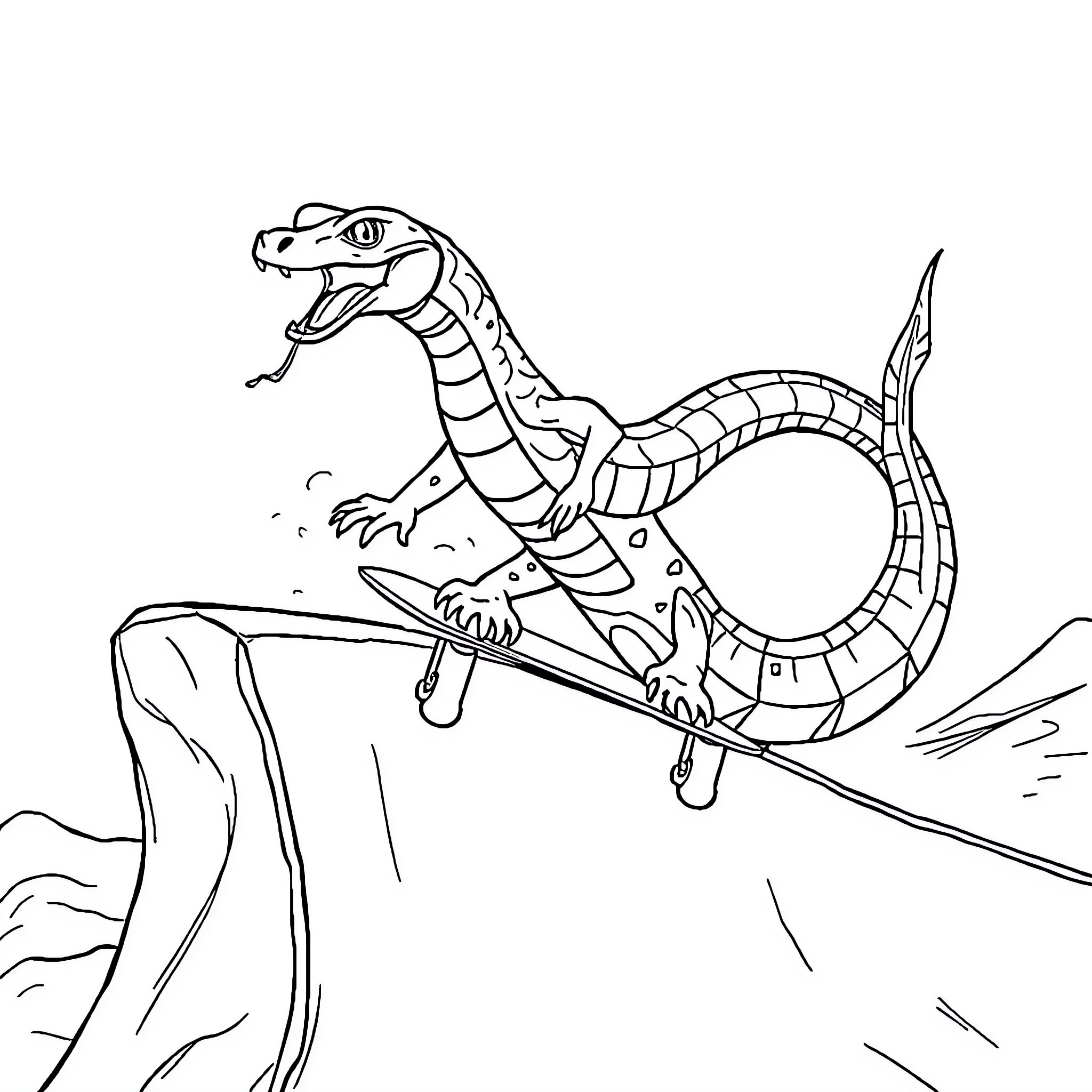 Serpent Leaping Across Chasm Coloring Page (free black-and-white line drawing printable PDF for all, from beginners to advanced learners, including children, teens, adults, and seniors)