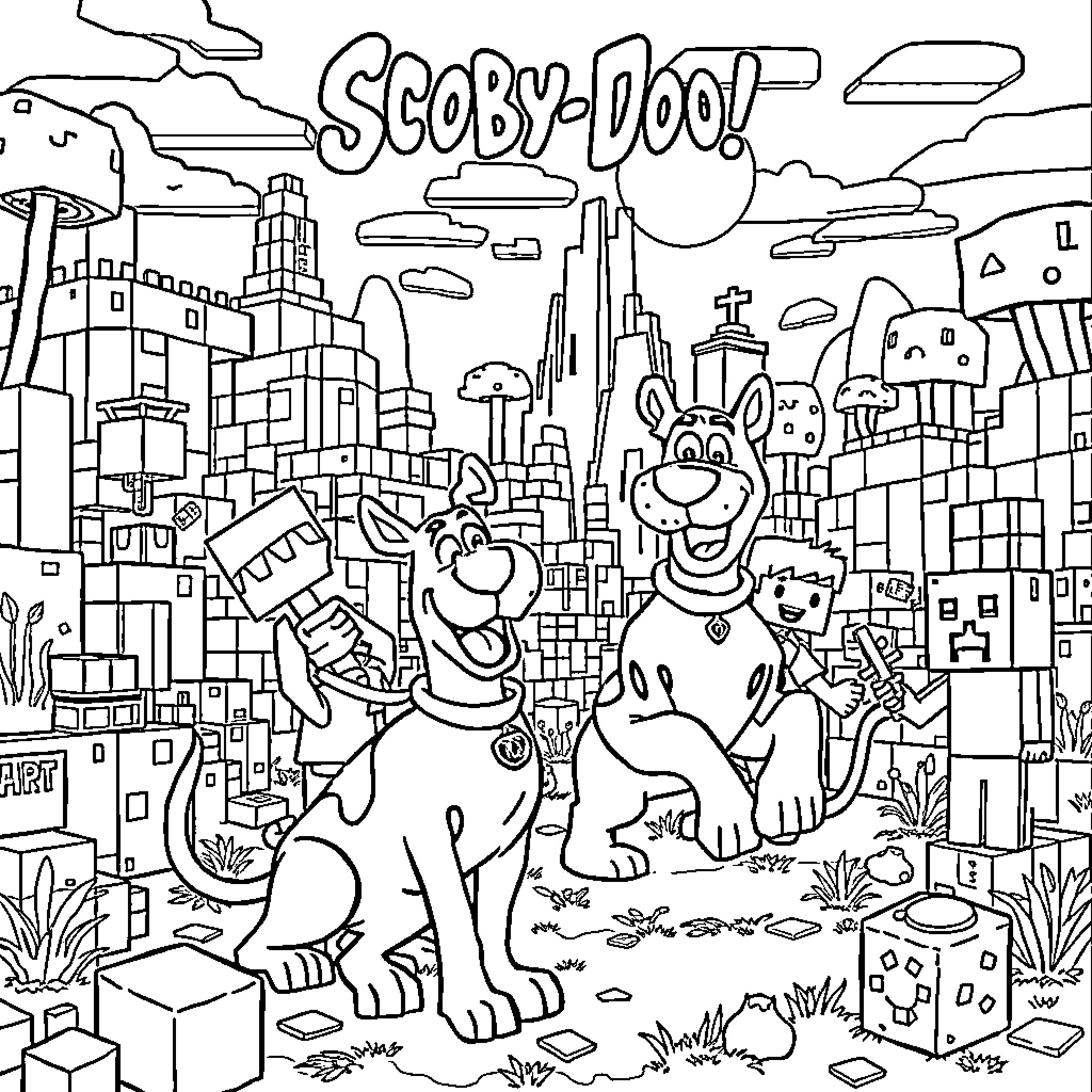 Scooby Doo and friends explore the city Coloring Page (free black-and-white line drawing printable PDF for all, from beginners to advanced learners, including children, teens, adults, and seniors)