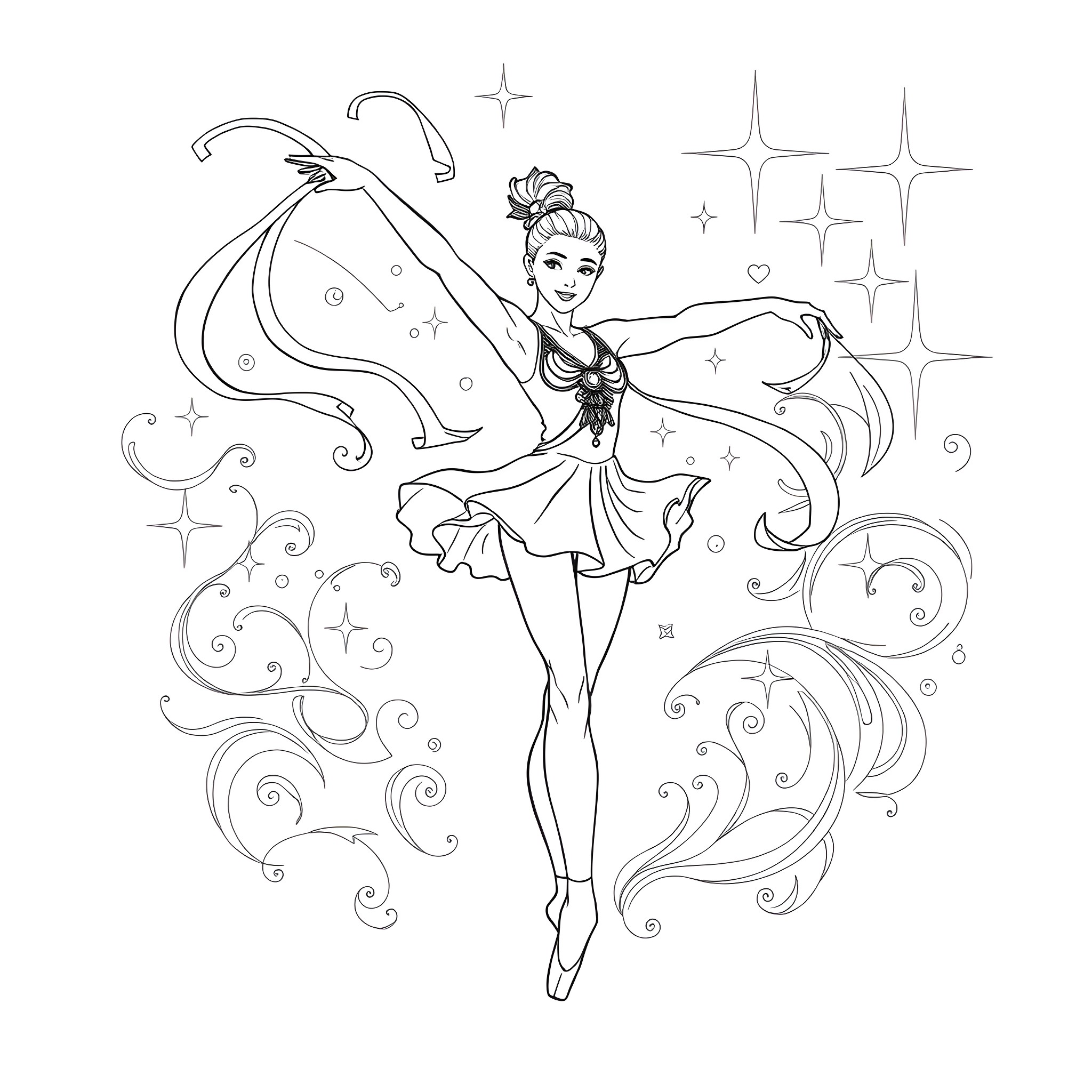 Barbie dancing gracefully in a sparkling outfit Coloring Page (free black-and-white line drawing printable PDF for all, from beginners to advanced learners, including children, teens, adults, and seniors)