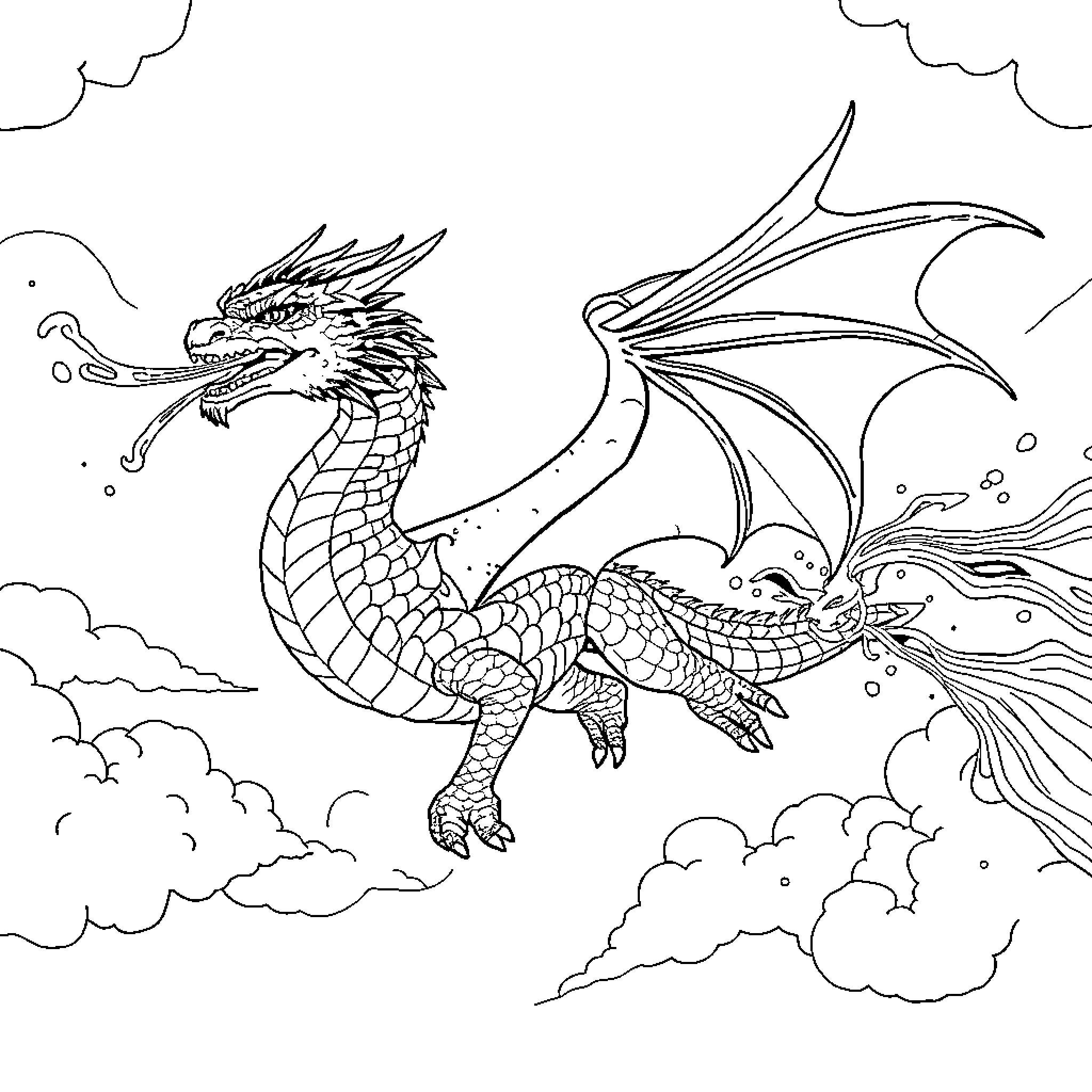 Dragon soaring through the clouds Coloring Page (free black-and-white line drawing printable PDF for all, from beginners to advanced learners, including children, teens, adults, and seniors)