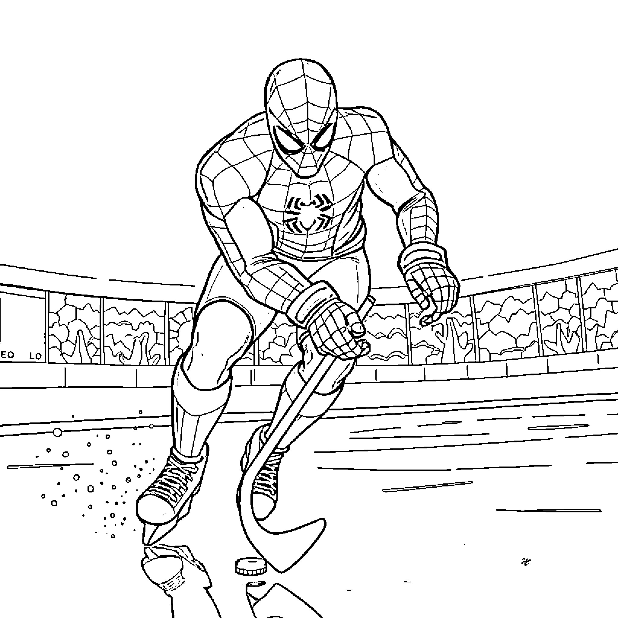 Spiderman swinging through the city Coloring Page (free black-and-white line drawing printable PDF for all, from beginners to advanced learners, including children, teens, adults, and seniors)