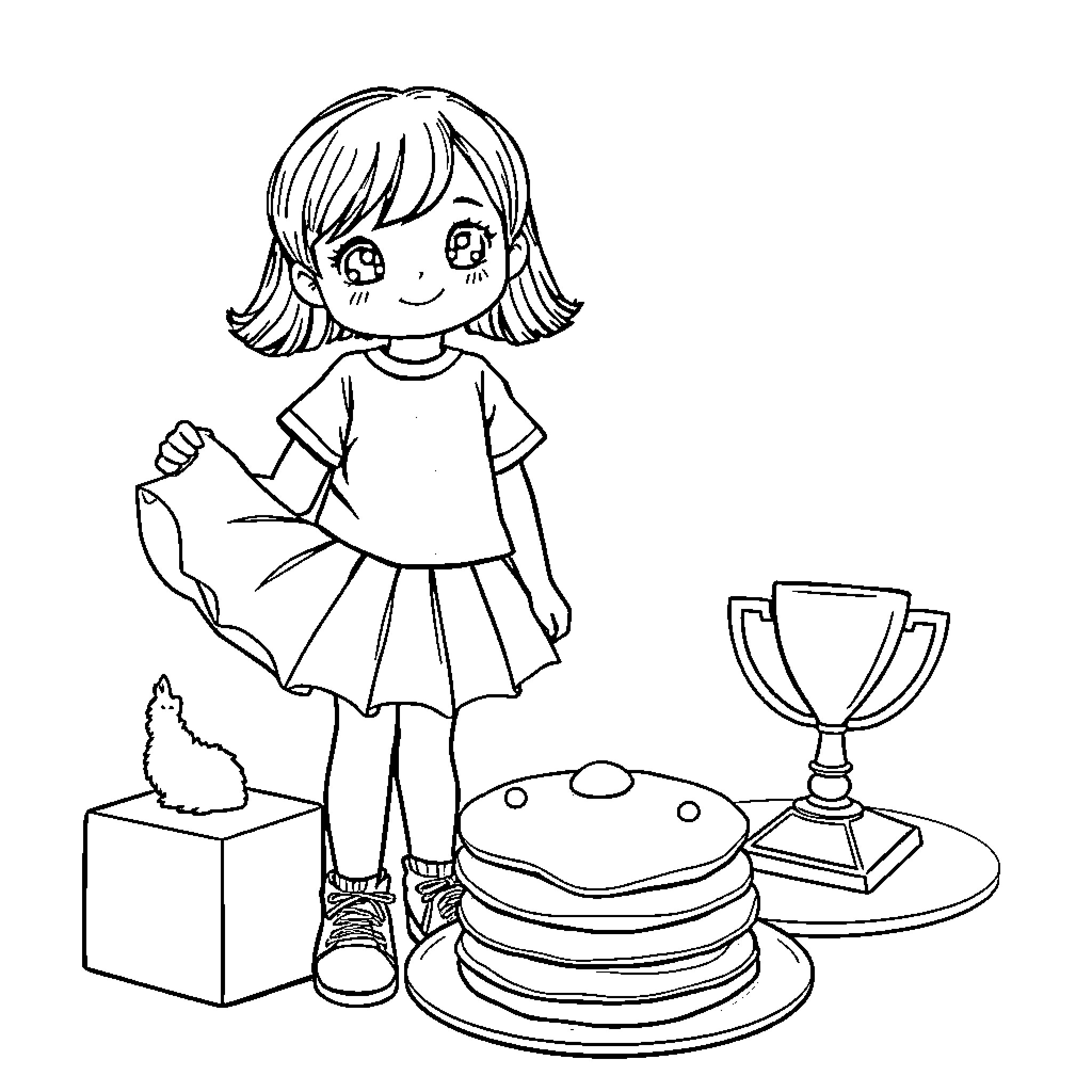 Girl with a Trophy and Rewards Coloring Page (free black-and-white line drawing printable PDF for all, from beginners to advanced learners, including children, teens, adults, and seniors)