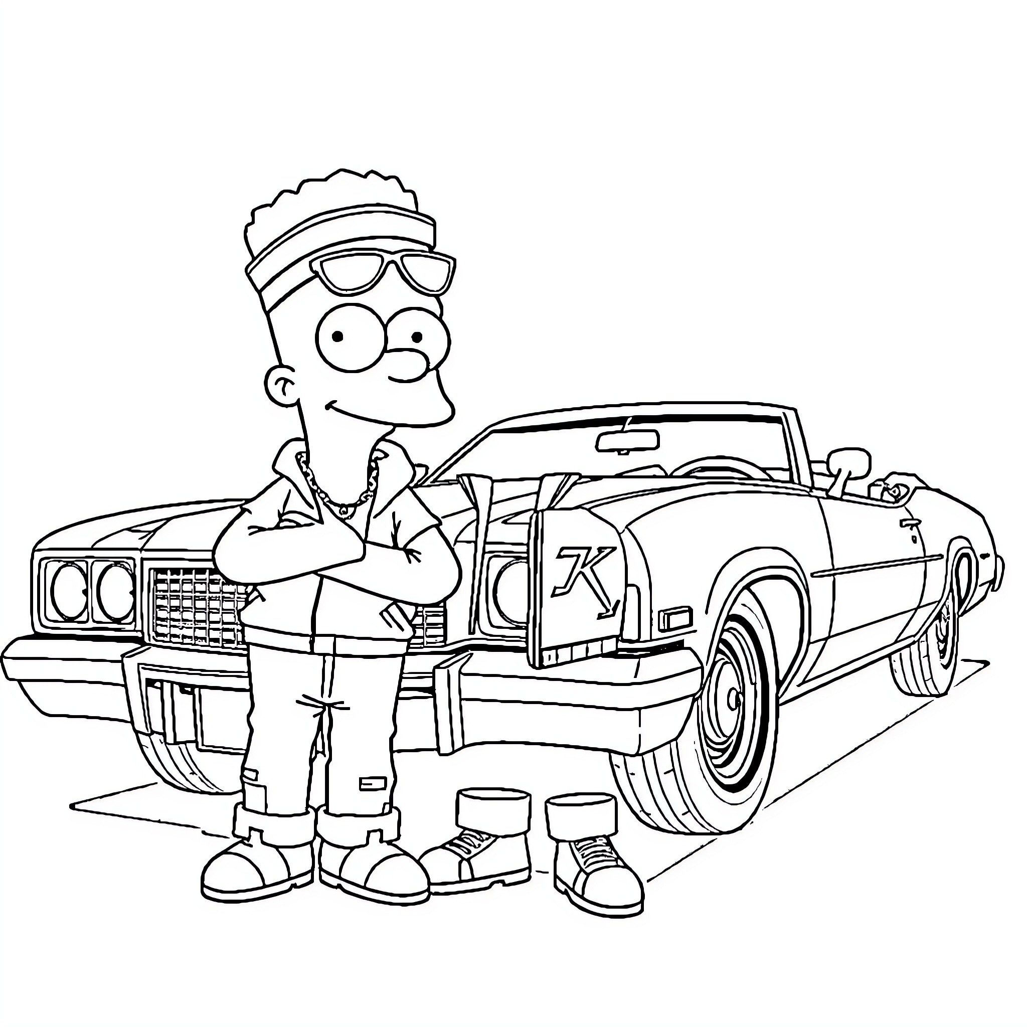 Bart Simpson with a Cool Car Coloring Page (free black-and-white line drawing printable PDF for all, from beginners to advanced learners, including children, teens, adults, and seniors)
