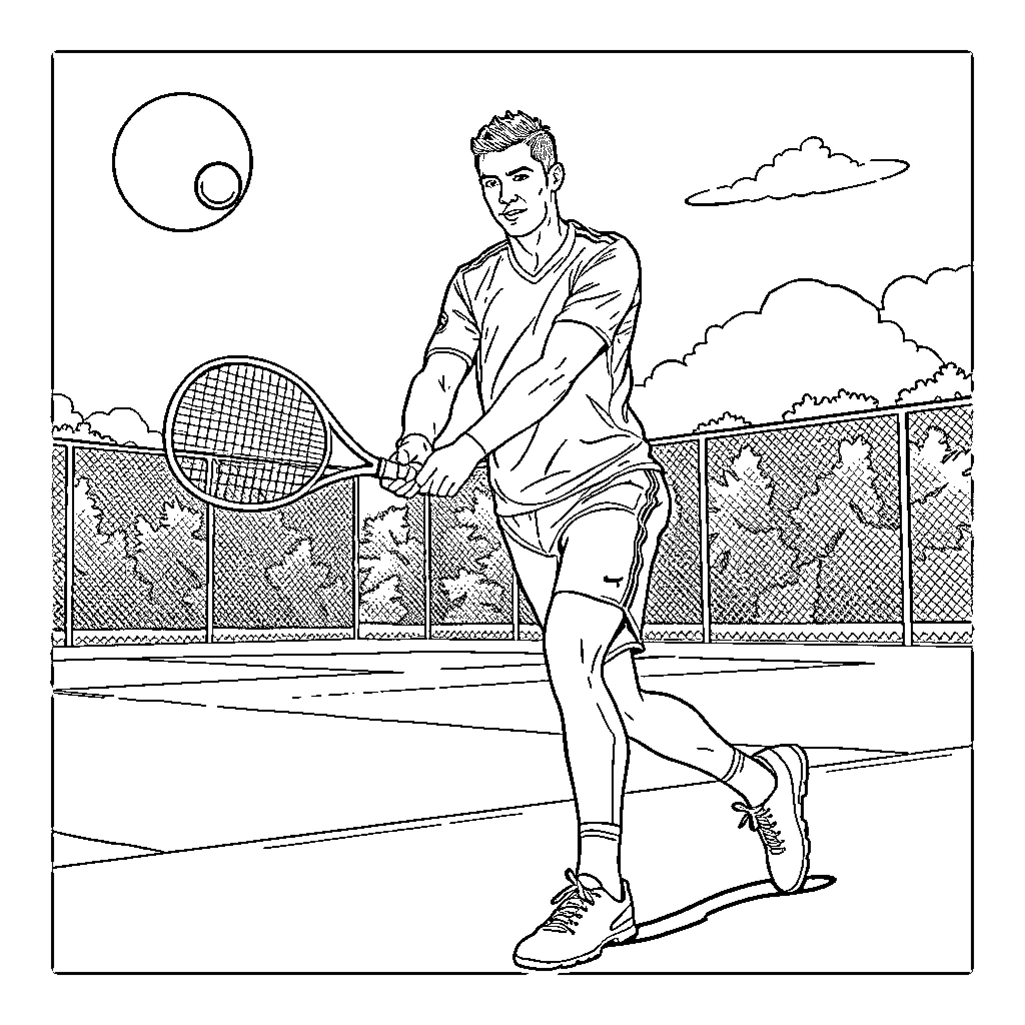Ronaldo playing tennis on a court Coloring Page (free black-and-white line drawing printable PDF for all, from beginners to advanced learners, including children, teens, adults, and seniors)