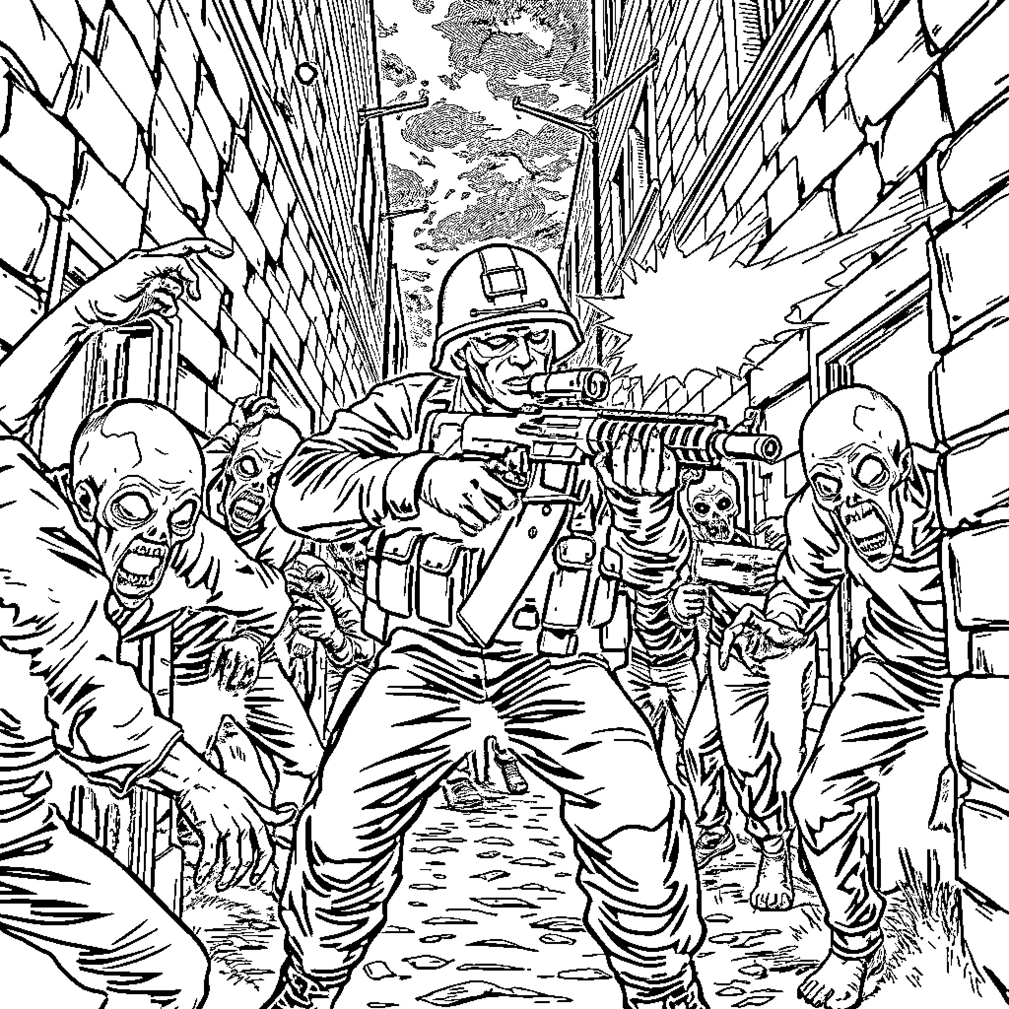 Army Man Engaging in Intense Combat Amid Chaos Coloring Page (free black-and-white line drawing printable PDF for all, from beginners to advanced learners, including children, teens, adults, and seniors)