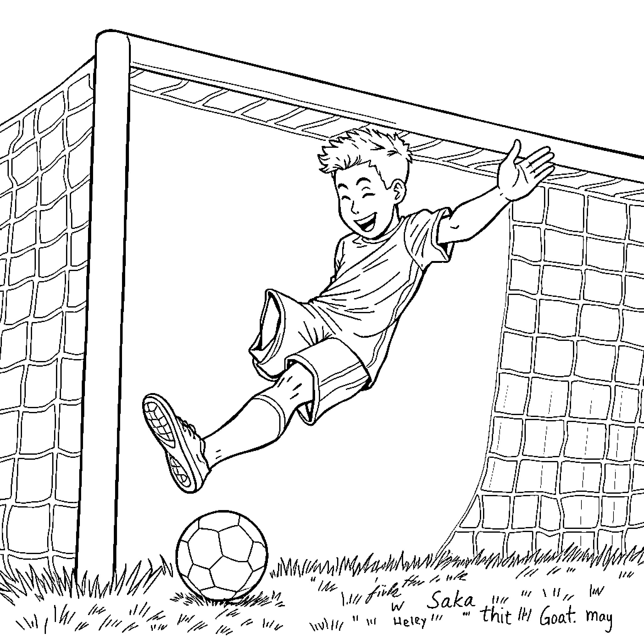 Saka Scoring the Winning Goal Coloring Page (free black-and-white line drawing printable PDF for all, from beginners to advanced learners, including children, teens, adults, and seniors)