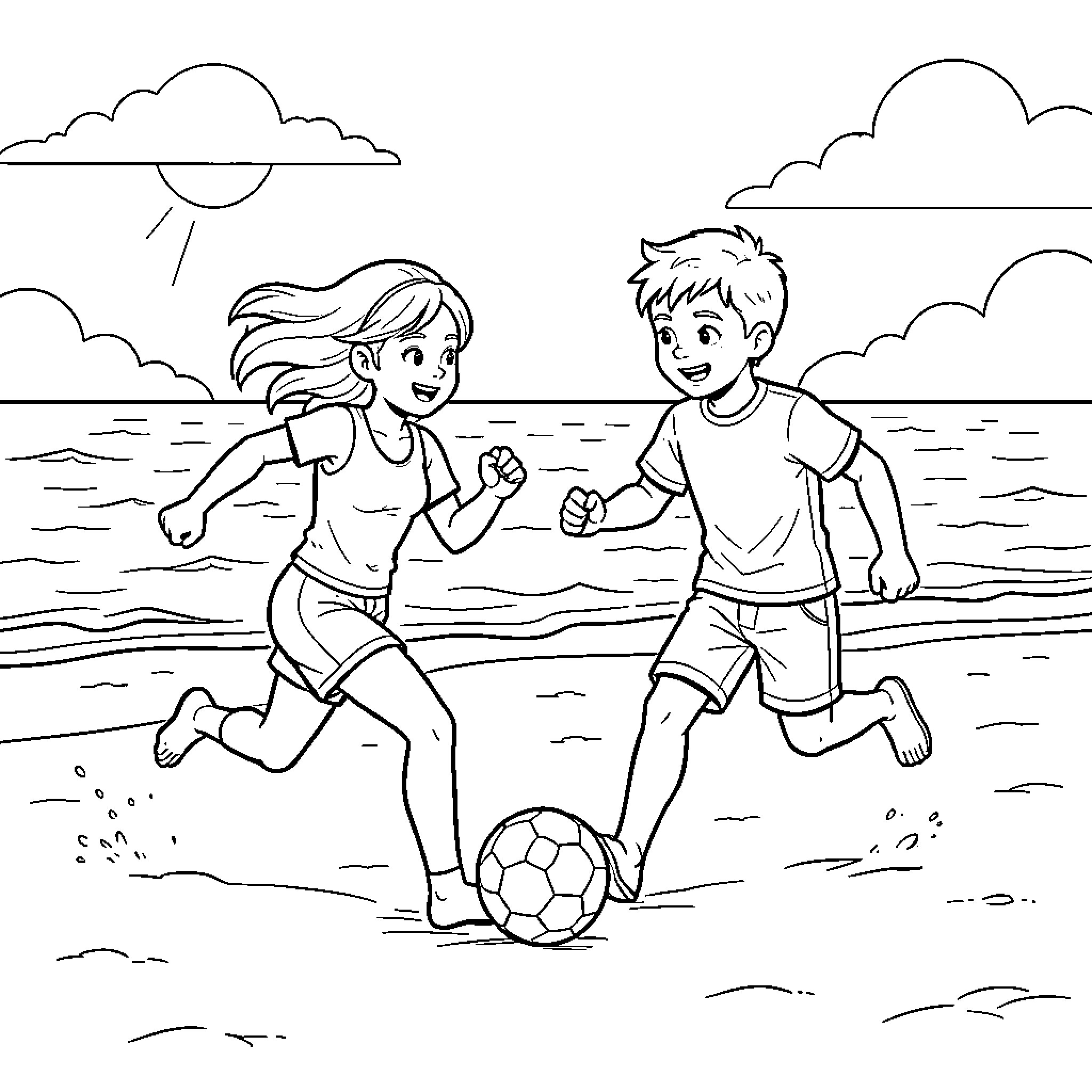 Child playing soccer on the beach with a friend Coloring Page (free black-and-white line drawing printable PDF for all, from beginners to advanced learners, including children, teens, adults, and seniors)