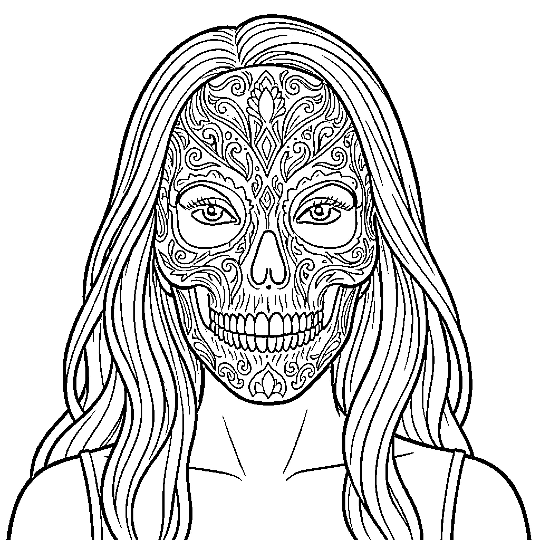 Woman with intricate face tattoo Coloring Page (free black-and-white line drawing printable PDF for all, from beginners to advanced learners, including children, teens, adults, and seniors)