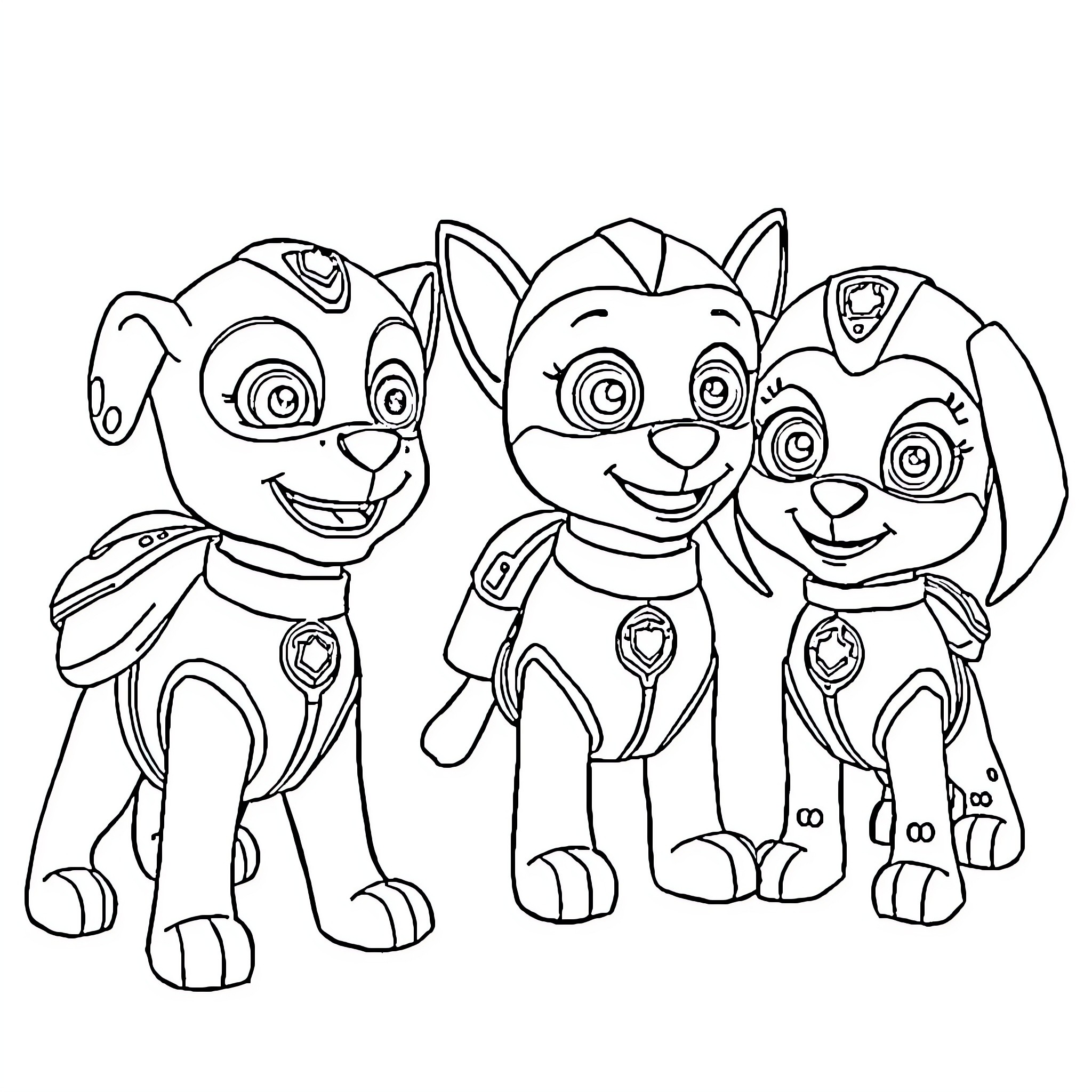 Paw Patrol Characters Posing Together Coloring Page (free black-and-white line drawing printable PDF for all, from beginners to advanced learners, including children, teens, adults, and seniors)