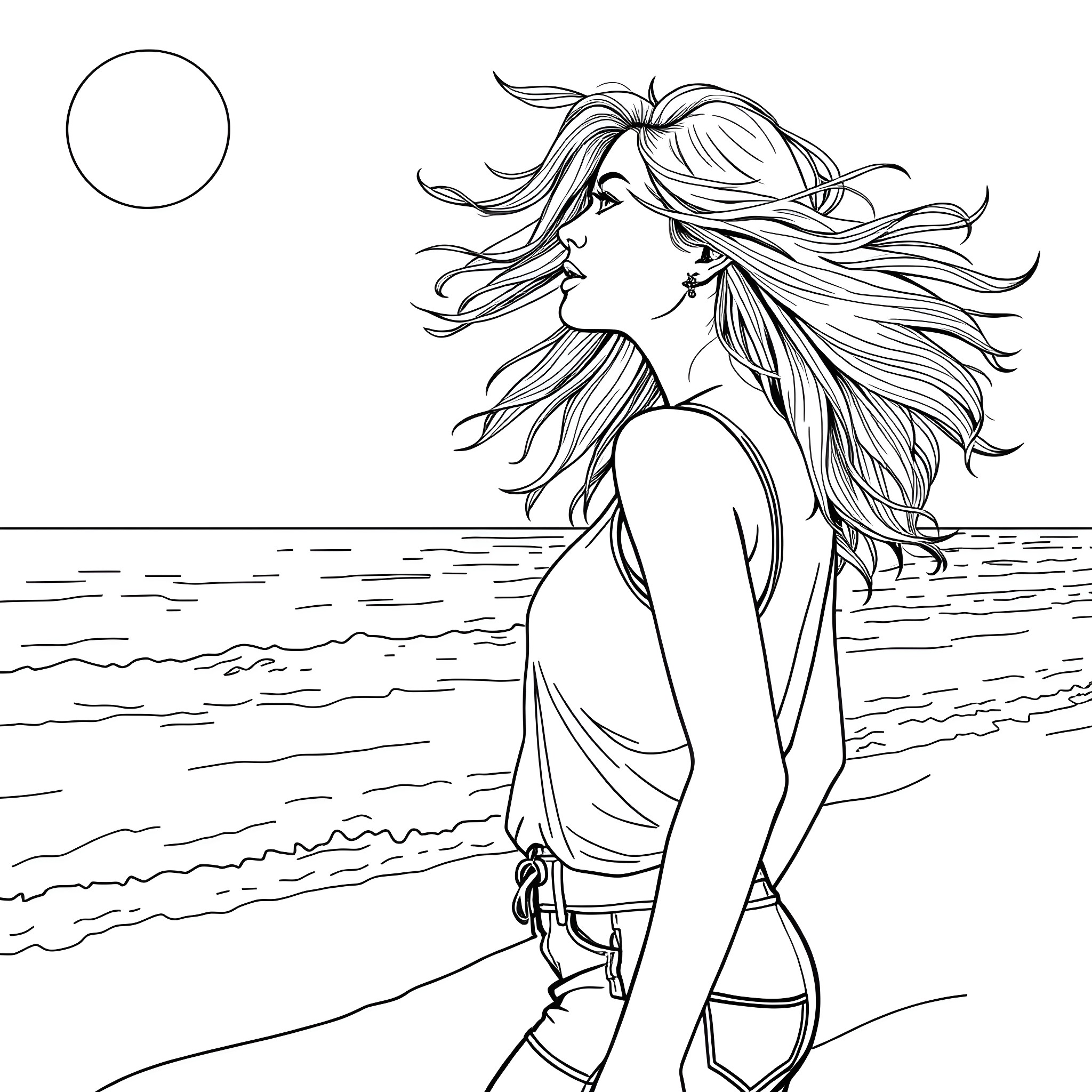 Sarah Cameron enjoying the ocean breeze Coloring Page (free black-and-white line drawing printable PDF for all, from beginners to advanced learners, including children, teens, adults, and seniors)