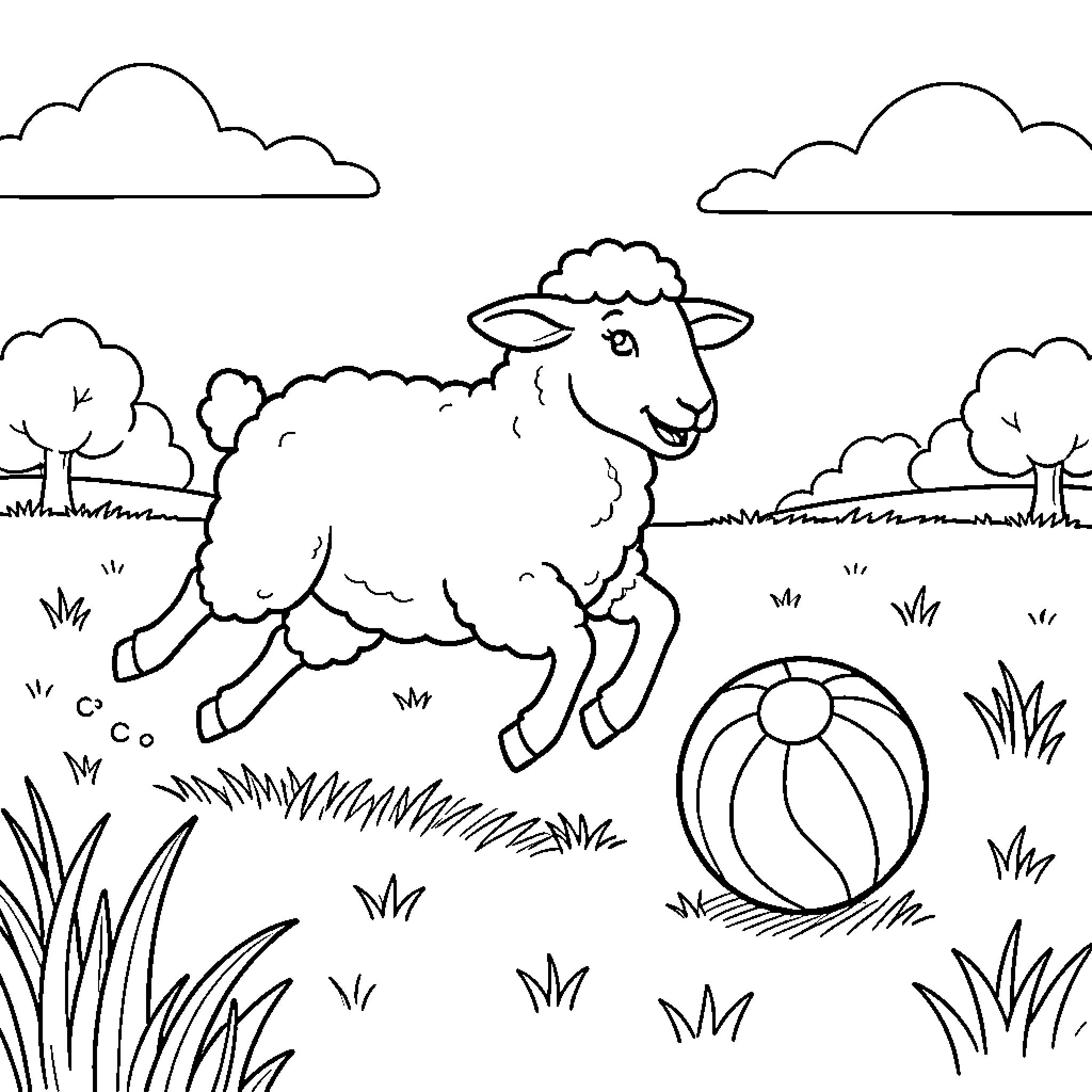 Sheep frolicking playfully in the meadow Coloring Page (free black-and-white line drawing printable PDF for all, from beginners to advanced learners, including children, teens, adults, and seniors)
