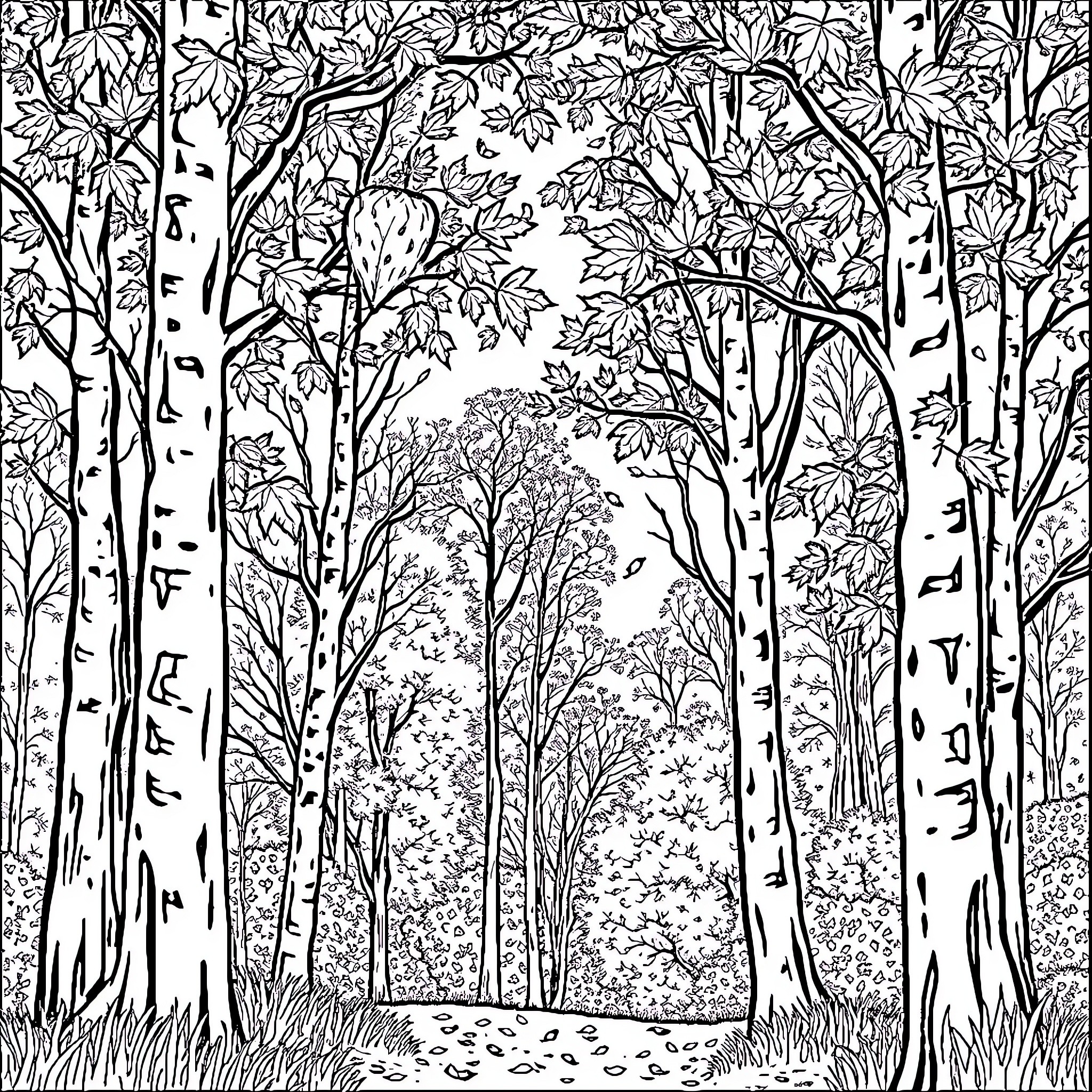 Leaf-filled forest path with trees and foliage Coloring Page (free black-and-white line drawing printable PDF for all, from beginners to advanced learners, including children, teens, adults, and seniors)