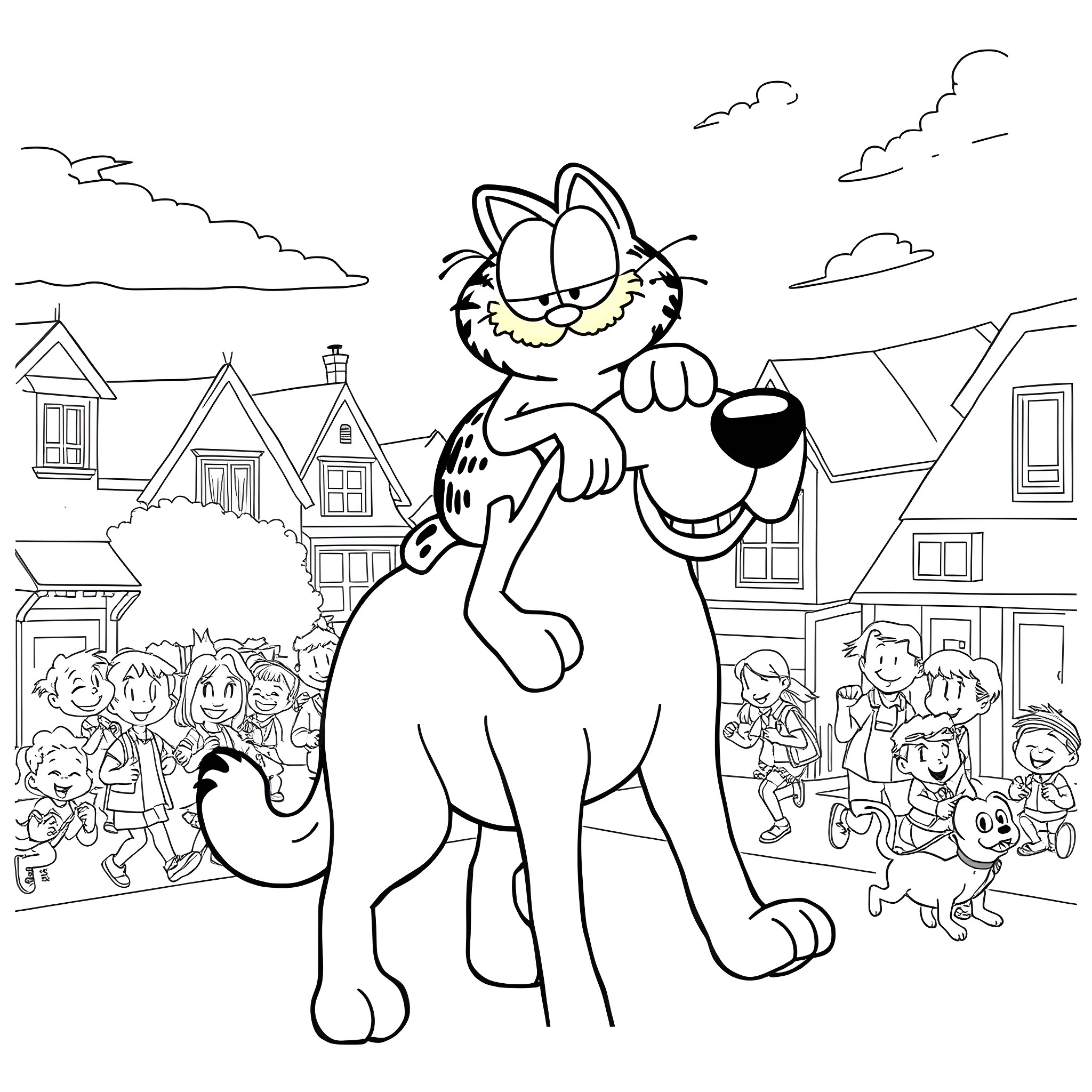 Garfield entertaining the crowd in the town square Coloring Page (free black-and-white line drawing printable PDF for all, from beginners to advanced learners, including children, teens, adults, and seniors)