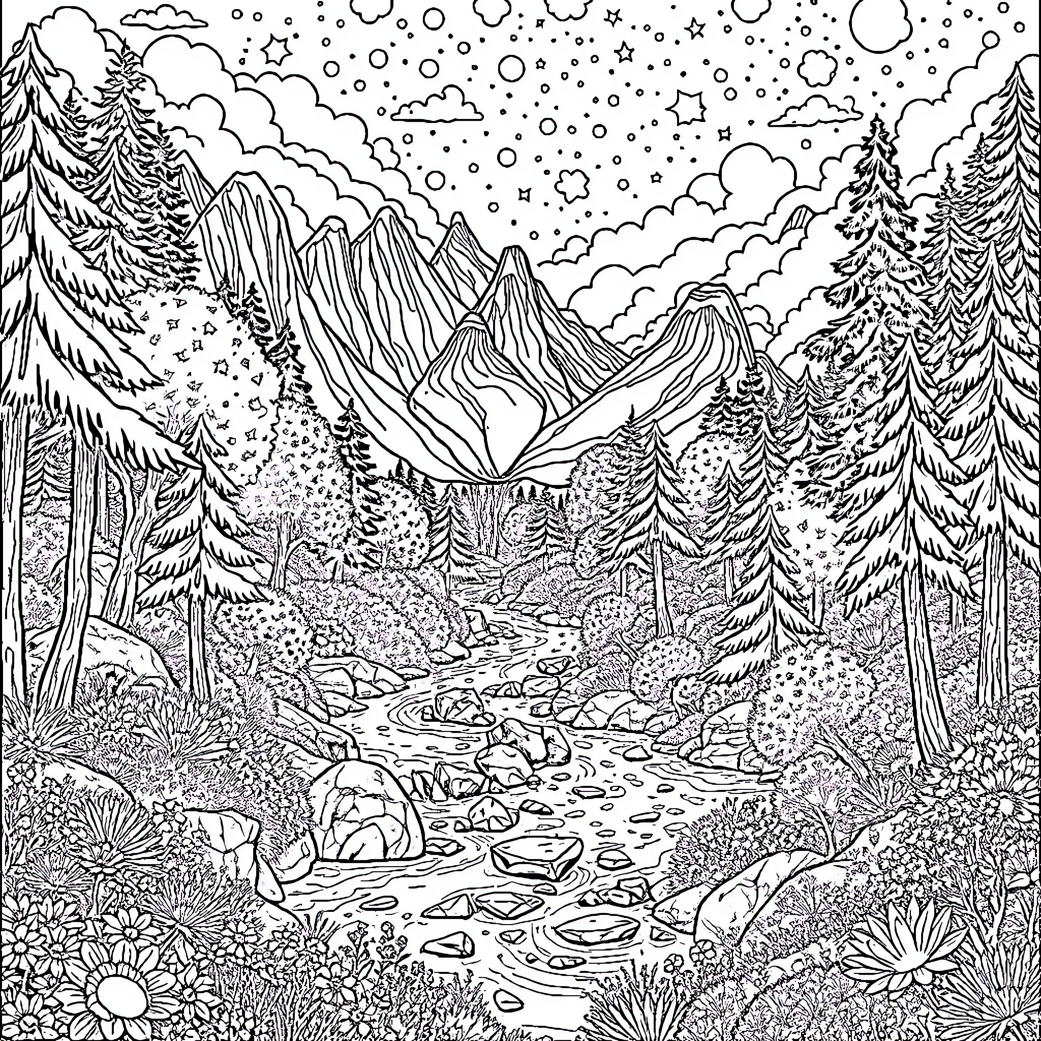 Scenery of a tranquil mountain landscape with a winding stream Coloring Page (free black-and-white line drawing printable PDF for all, from beginners to advanced learners, including children, teens, adults, and seniors)