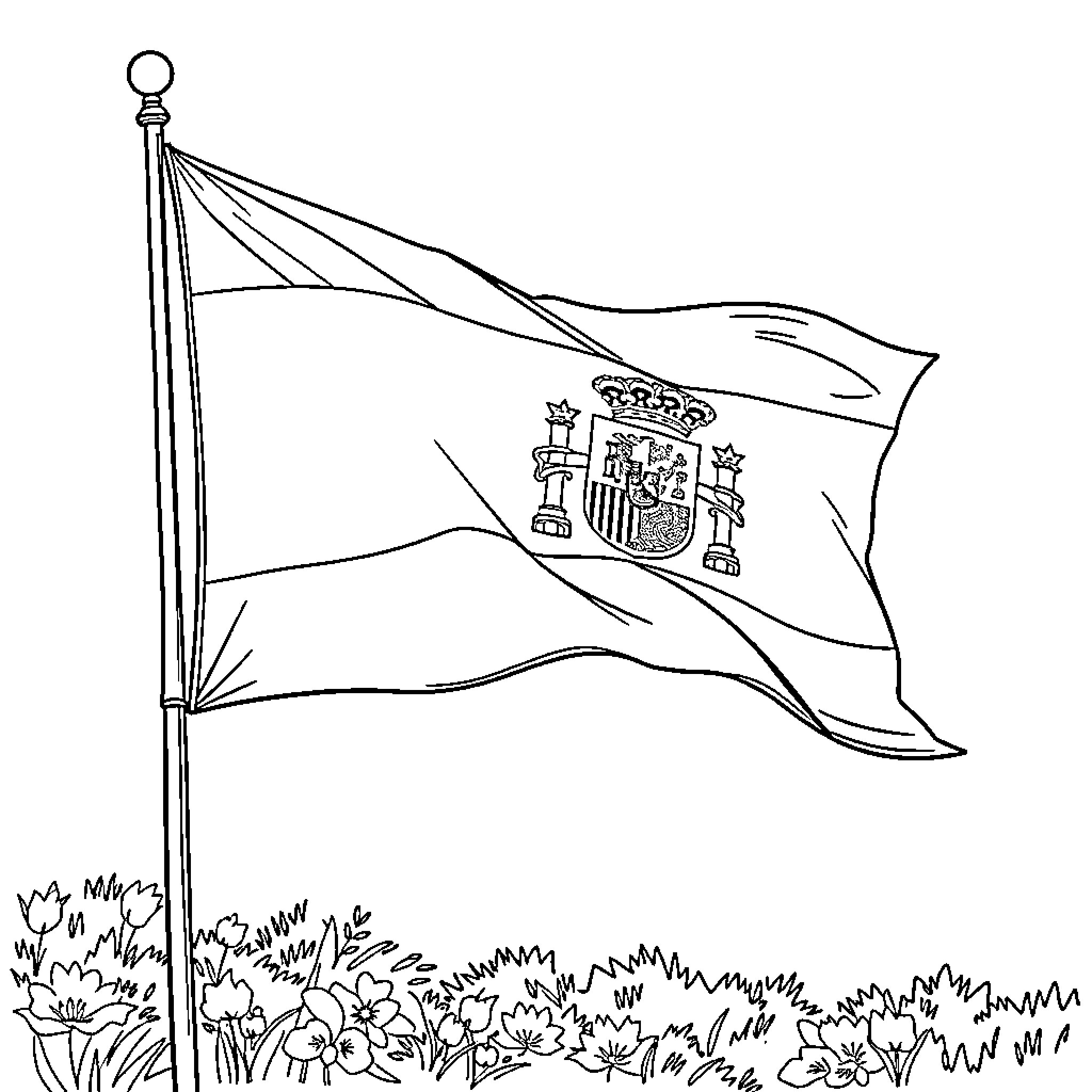 Flag waving in the wind with countryside landscape Coloring Page (free black-and-white line drawing printable PDF for all, from beginners to advanced learners, including children, teens, adults, and seniors)