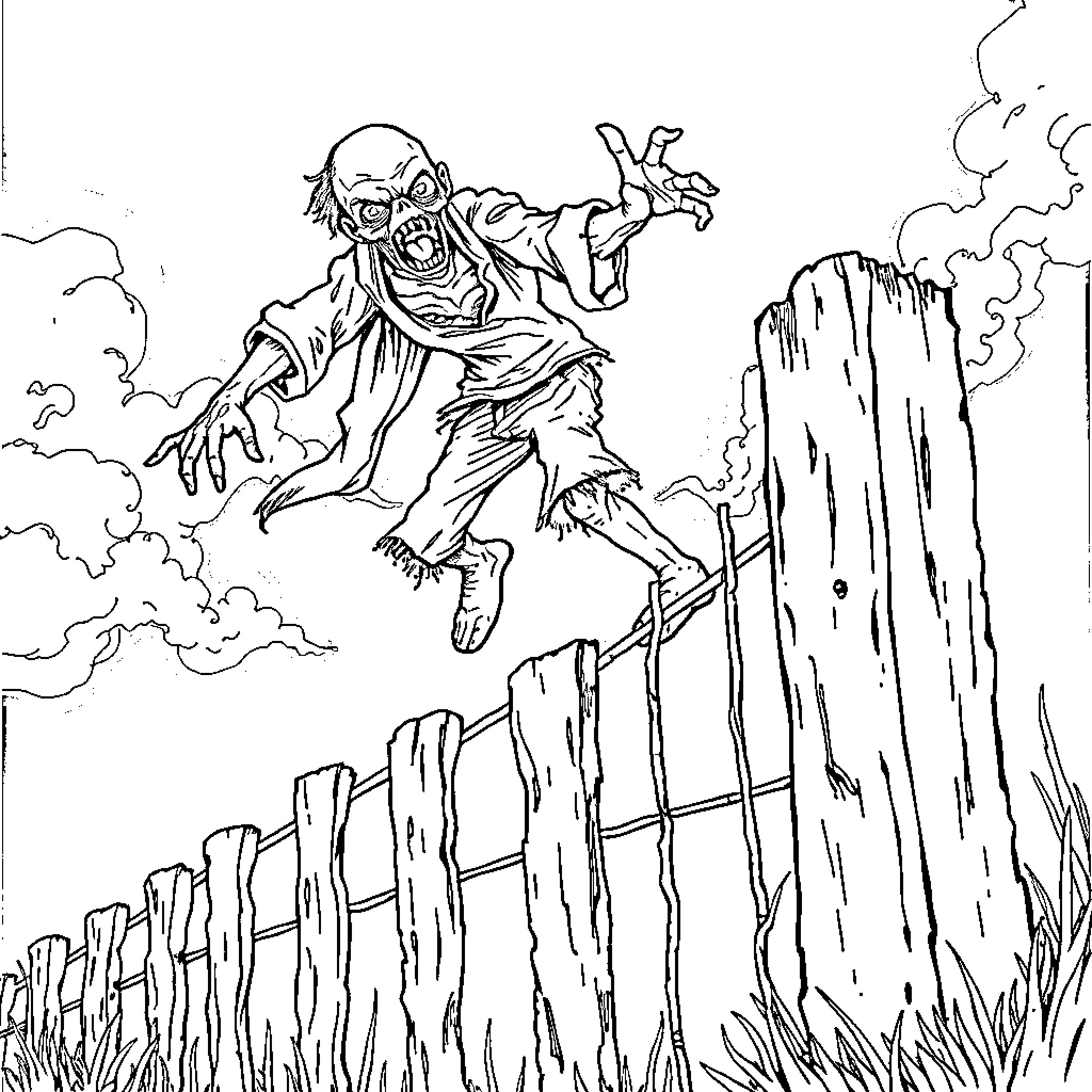 Zombie climbing perilous cliff Coloring Page (free black-and-white line drawing printable PDF for all, from beginners to advanced learners, including children, teens, adults, and seniors)