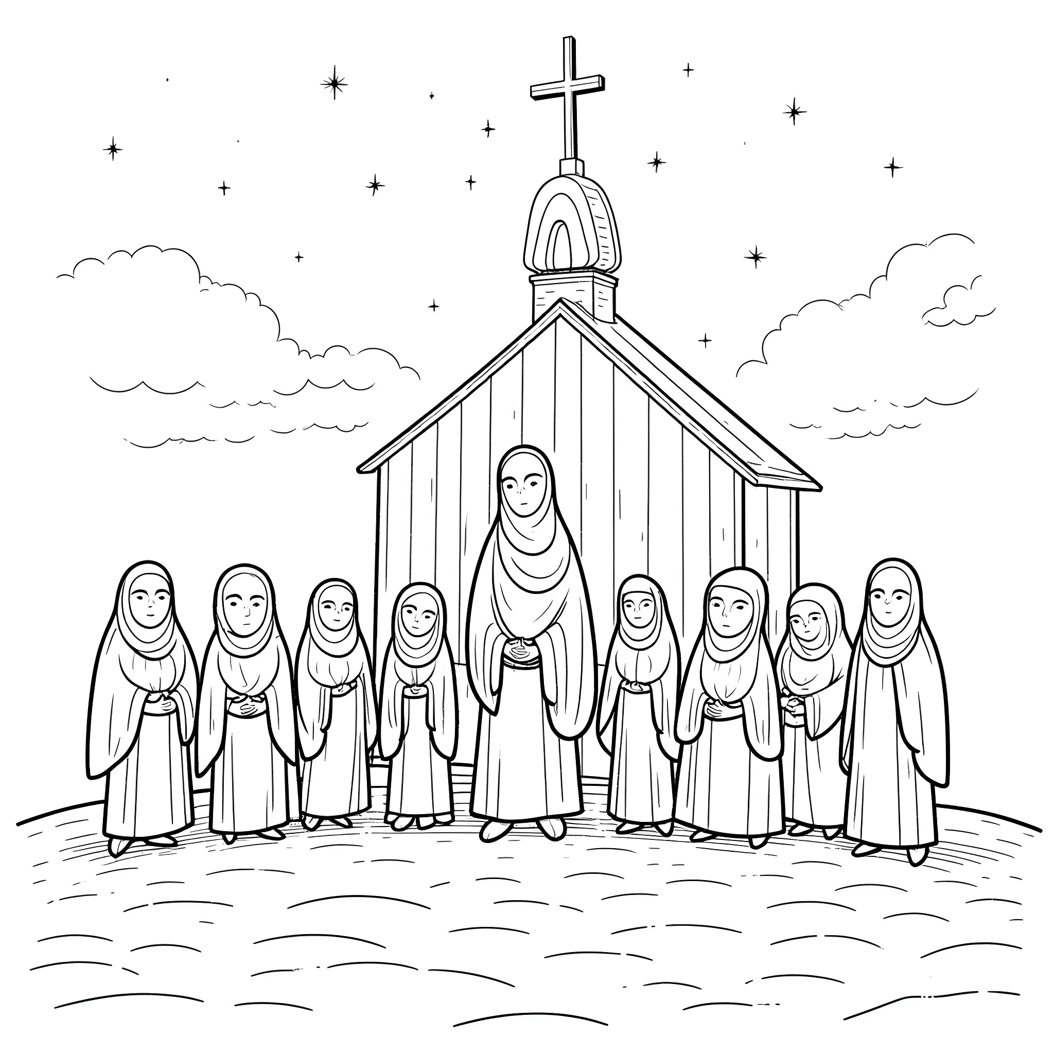 Church gathering of robed figures near religious structure Coloring Page (free black-and-white line drawing printable PDF for all, from beginners to advanced learners, including children, teens, adults, and seniors)