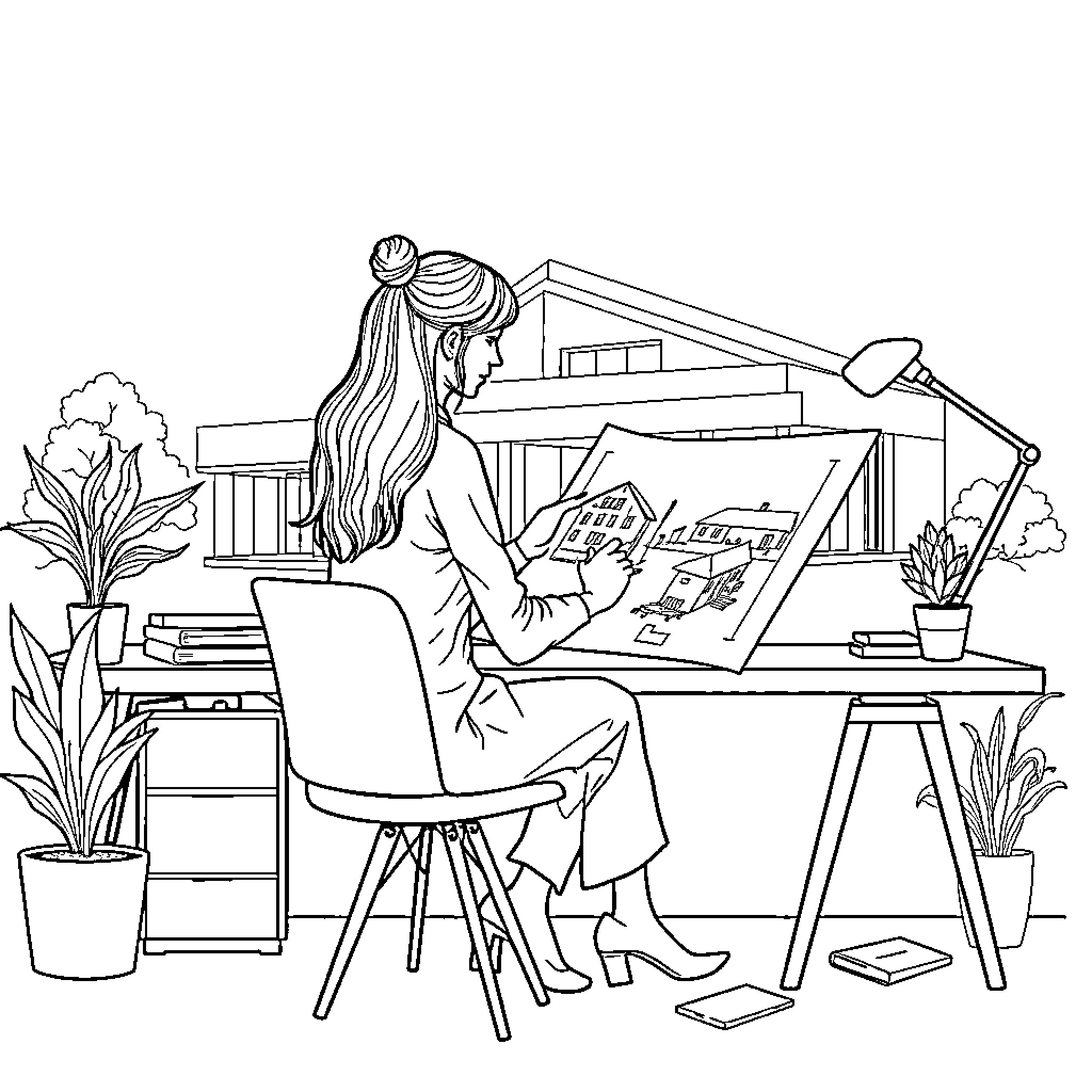 Woman working diligently at her art studio Coloring Page (free black-and-white line drawing printable PDF for all, from beginners to advanced learners, including children, teens, adults, and seniors)