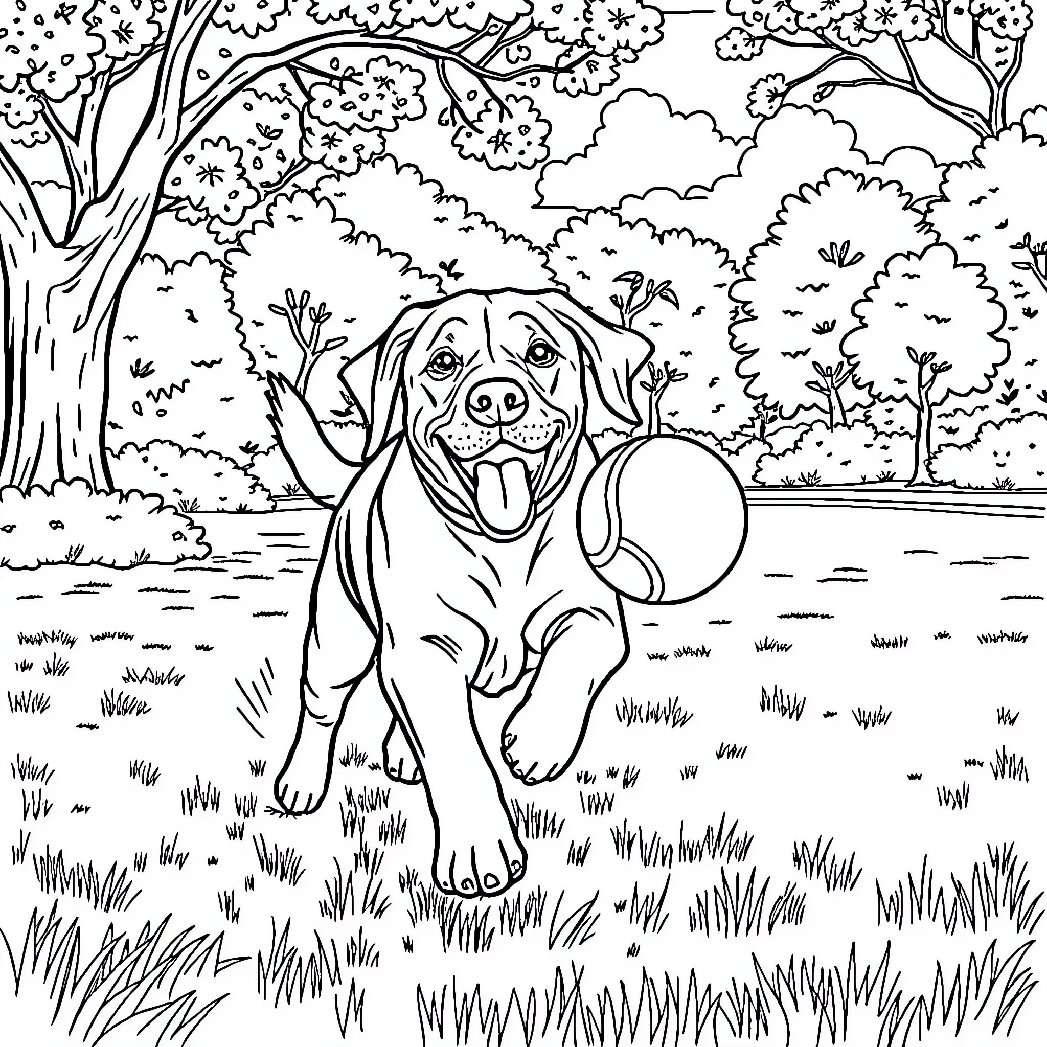 Labrador enjoying nature in a forest clearing Coloring Page (free black-and-white line drawing printable PDF for all, from beginners to advanced learners, including children, teens, adults, and seniors)