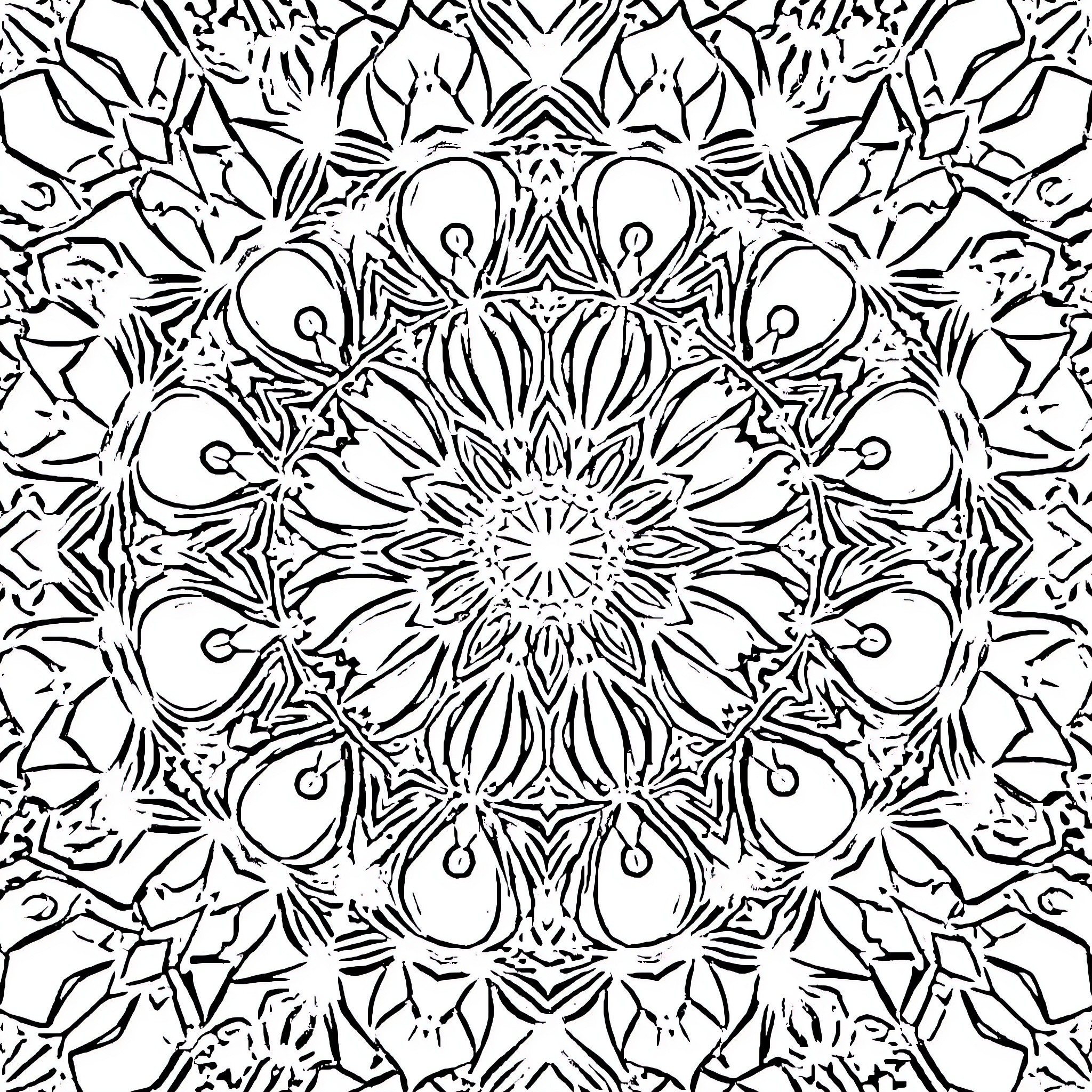 Kaleidoscope of Intricate Floral Patterns Coloring Page (free black-and-white line drawing printable PDF for all, from beginners to advanced learners, including children, teens, adults, and seniors)