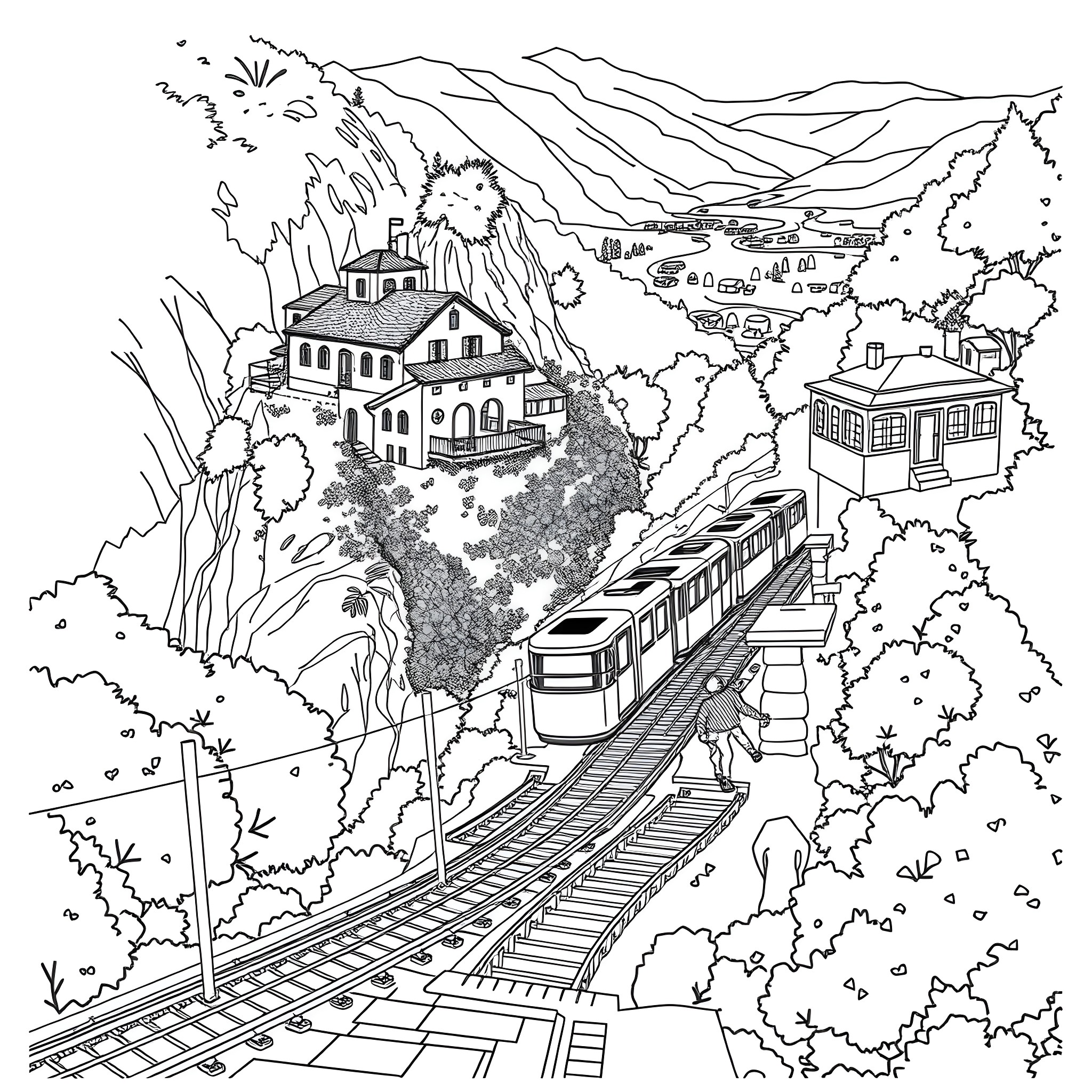 Funicular railway traversing a mountainous landscape Coloring Page (free black-and-white line drawing printable PDF for all, from beginners to advanced learners, including children, teens, adults, and seniors)