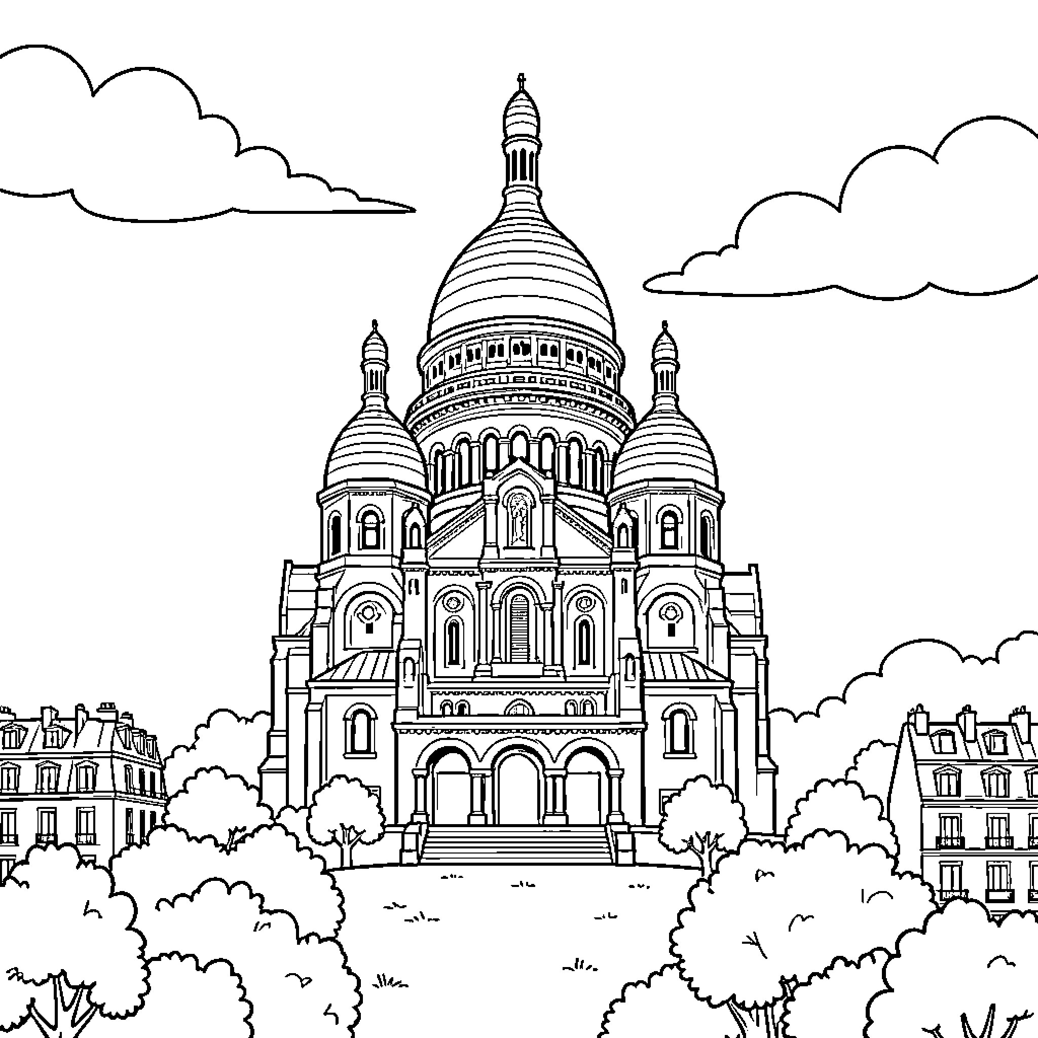 Sacre Coeur standing majestically among clouds and trees Coloring Page (free black-and-white line drawing printable PDF for all, from beginners to advanced learners, including children, teens, adults, and seniors)