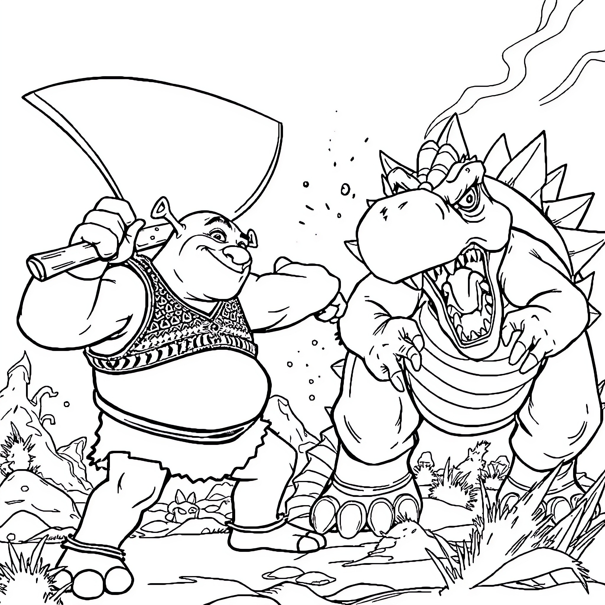 Shrek and Donkey's Adventurous Encounter with a Fierce Dragon Coloring Page (free black-and-white line drawing printable PDF for all, from beginners to advanced learners, including children, teens, adults, and seniors)