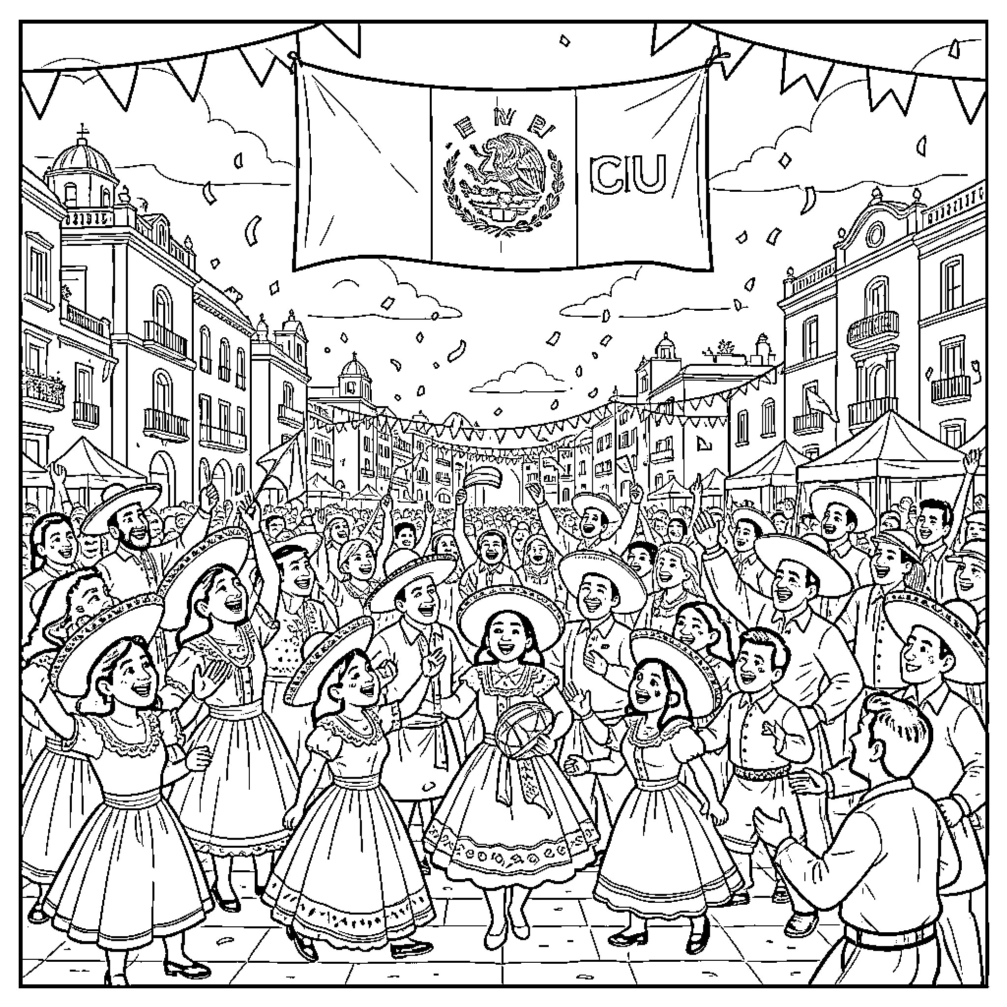 Independencia celebration with people dancing in festive streets Coloring Page (free black-and-white line drawing printable PDF for all, from beginners to advanced learners, including children, teens, adults, and seniors)