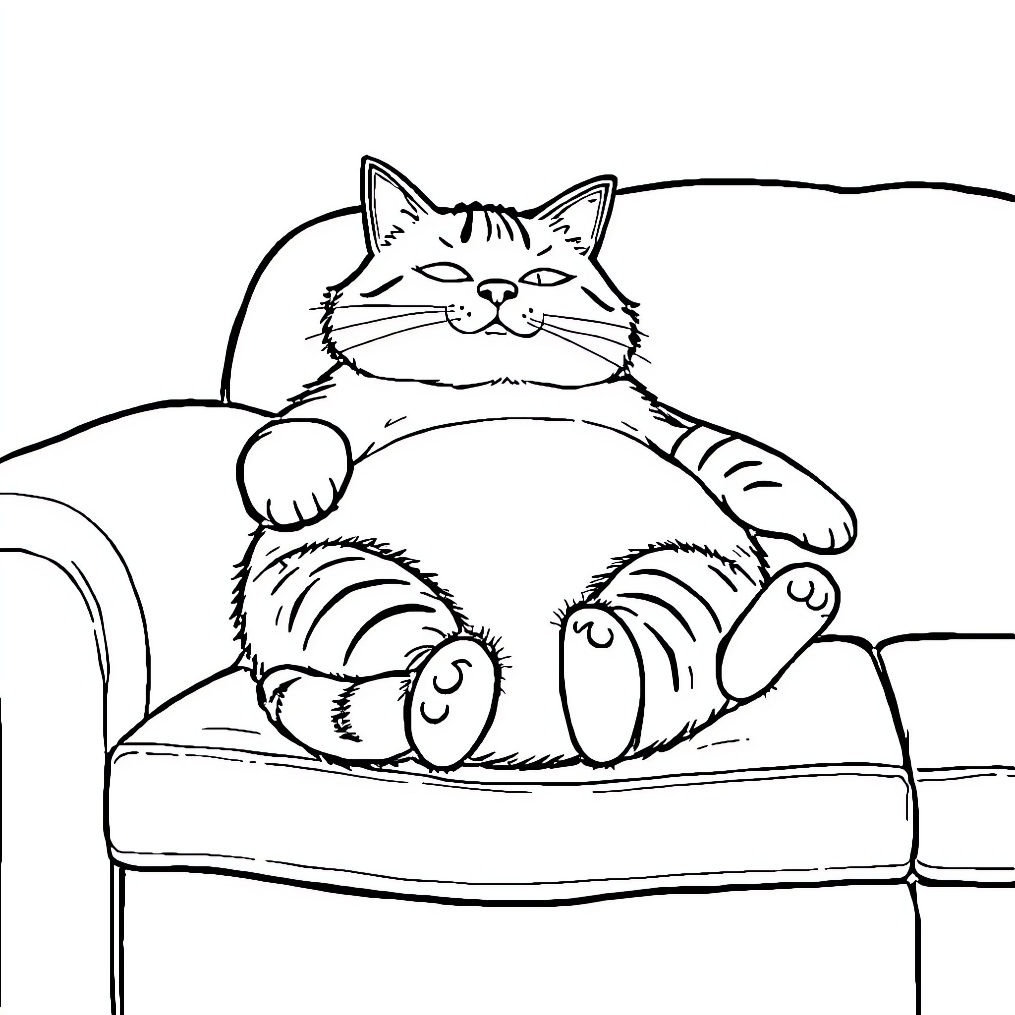 Cat relaxing comfortably on a cushion Coloring Page (free black-and-white line drawing printable PDF for all, from beginners to advanced learners, including children, teens, adults, and seniors)