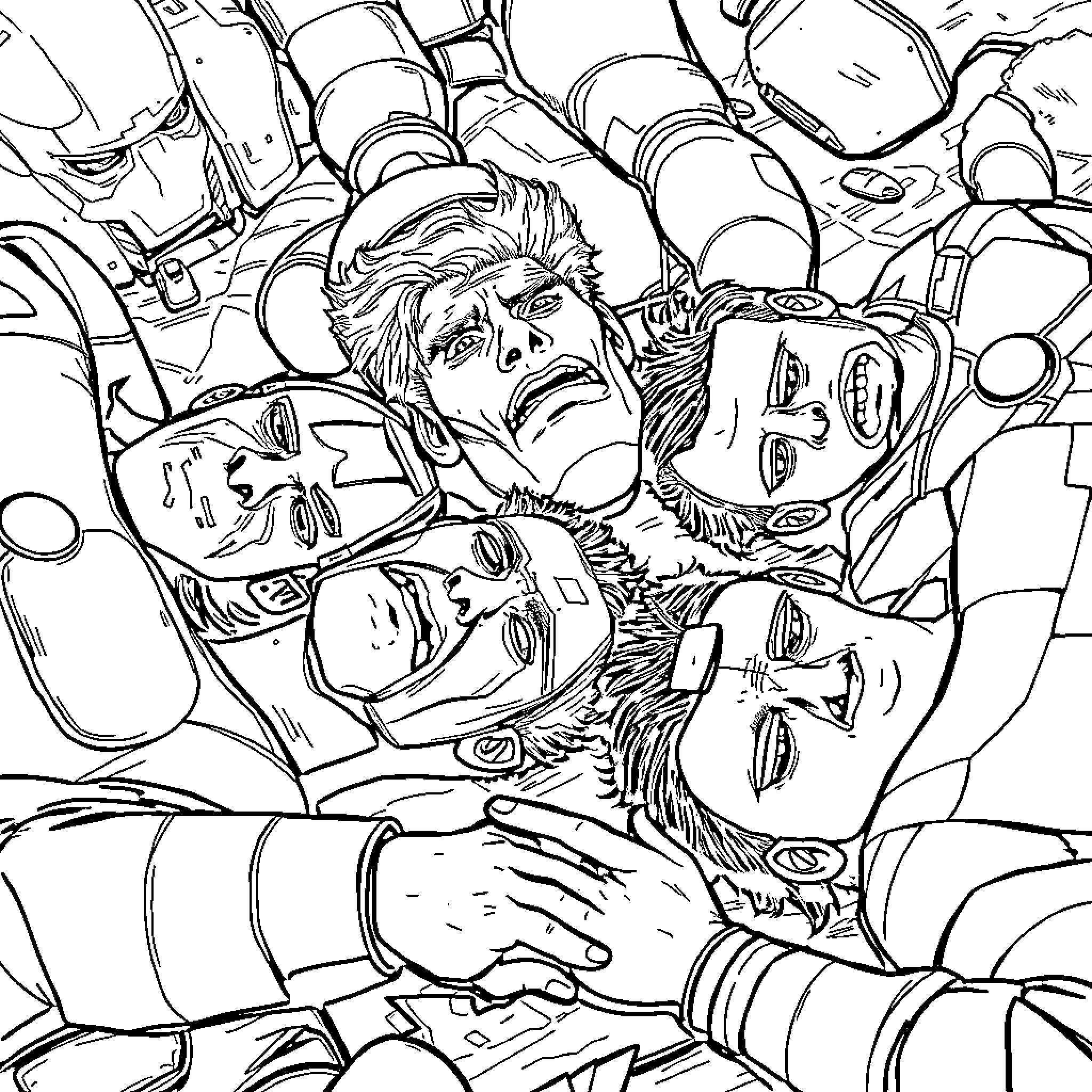 Avenger Team in Intense Battle Gear Coloring Page (free black-and-white line drawing printable PDF for all, from beginners to advanced learners, including children, teens, adults, and seniors)