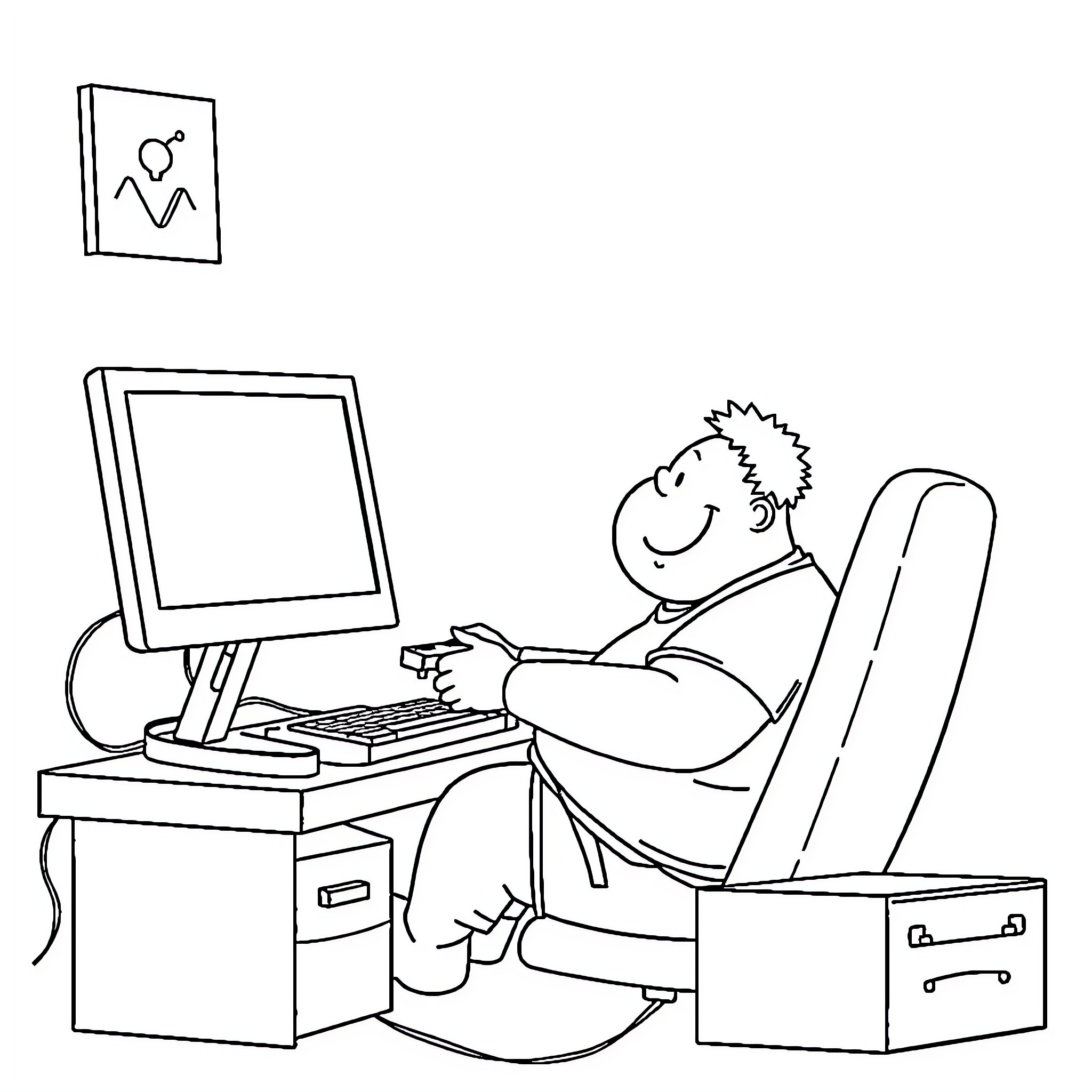 Man working diligently on computer in office Coloring Page (free black-and-white line drawing printable PDF for all, from beginners to advanced learners, including children, teens, adults, and seniors)