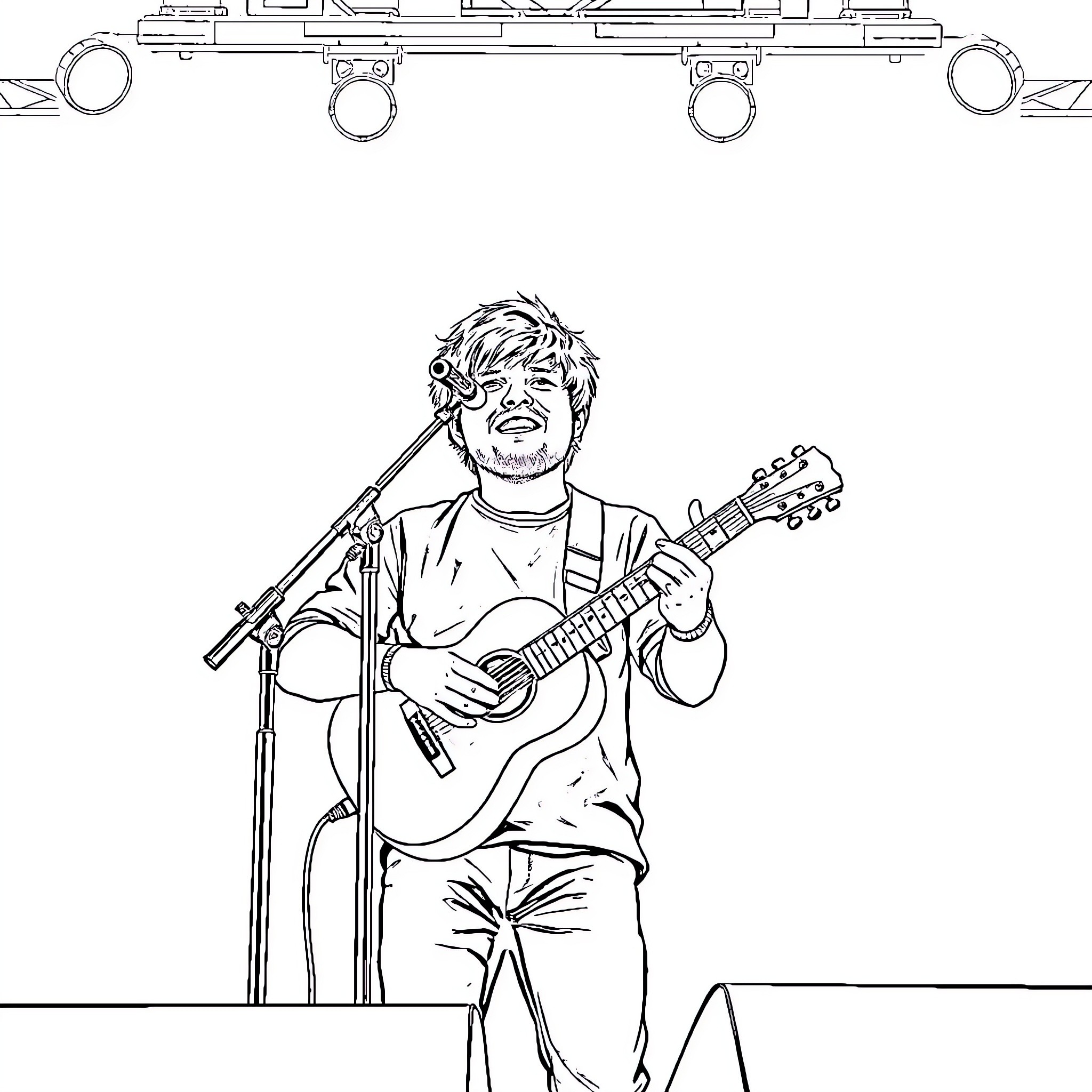 Ed Sheeran performing energetically on stage with guitar Coloring Page (free black-and-white line drawing printable PDF for all, from beginners to advanced learners, including children, teens, adults, and seniors)