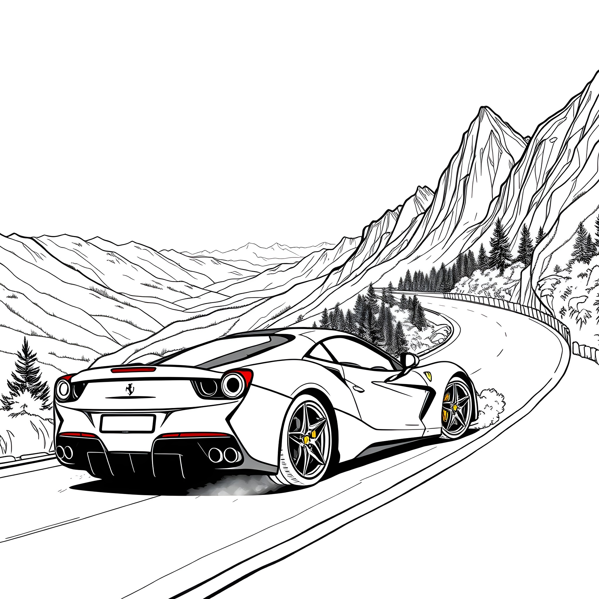Ferrari speeding through scenic mountain roads Coloring Page (free black-and-white line drawing printable PDF for all, from beginners to advanced learners, including children, teens, adults, and seniors)