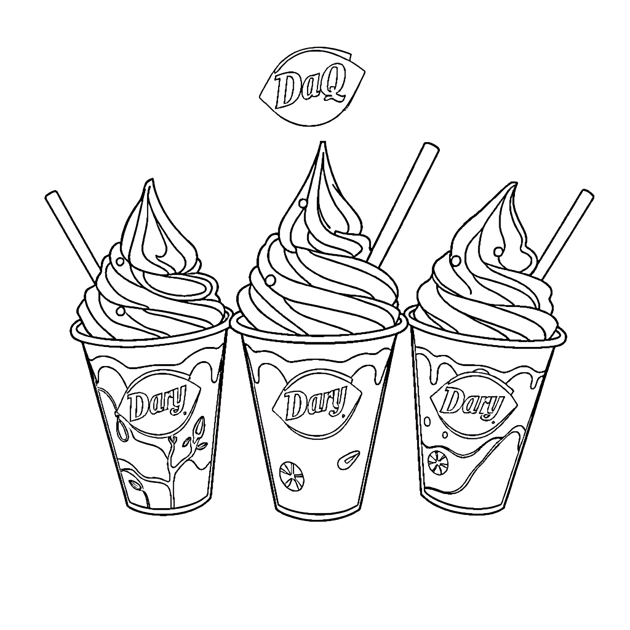 Ice Cream Cups with Whipped Topping and Decorations Coloring Page (free black-and-white line drawing printable PDF for all, from beginners to advanced learners, including children, teens, adults, and seniors)