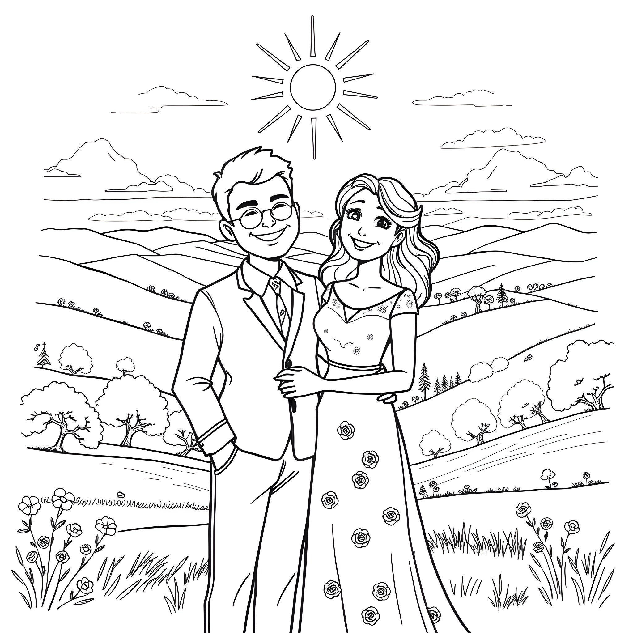 Mr & Mrs Syme's Joyful Countryside Stroll Coloring Page (free black-and-white line drawing printable PDF for all, from beginners to advanced learners, including children, teens, adults, and seniors)