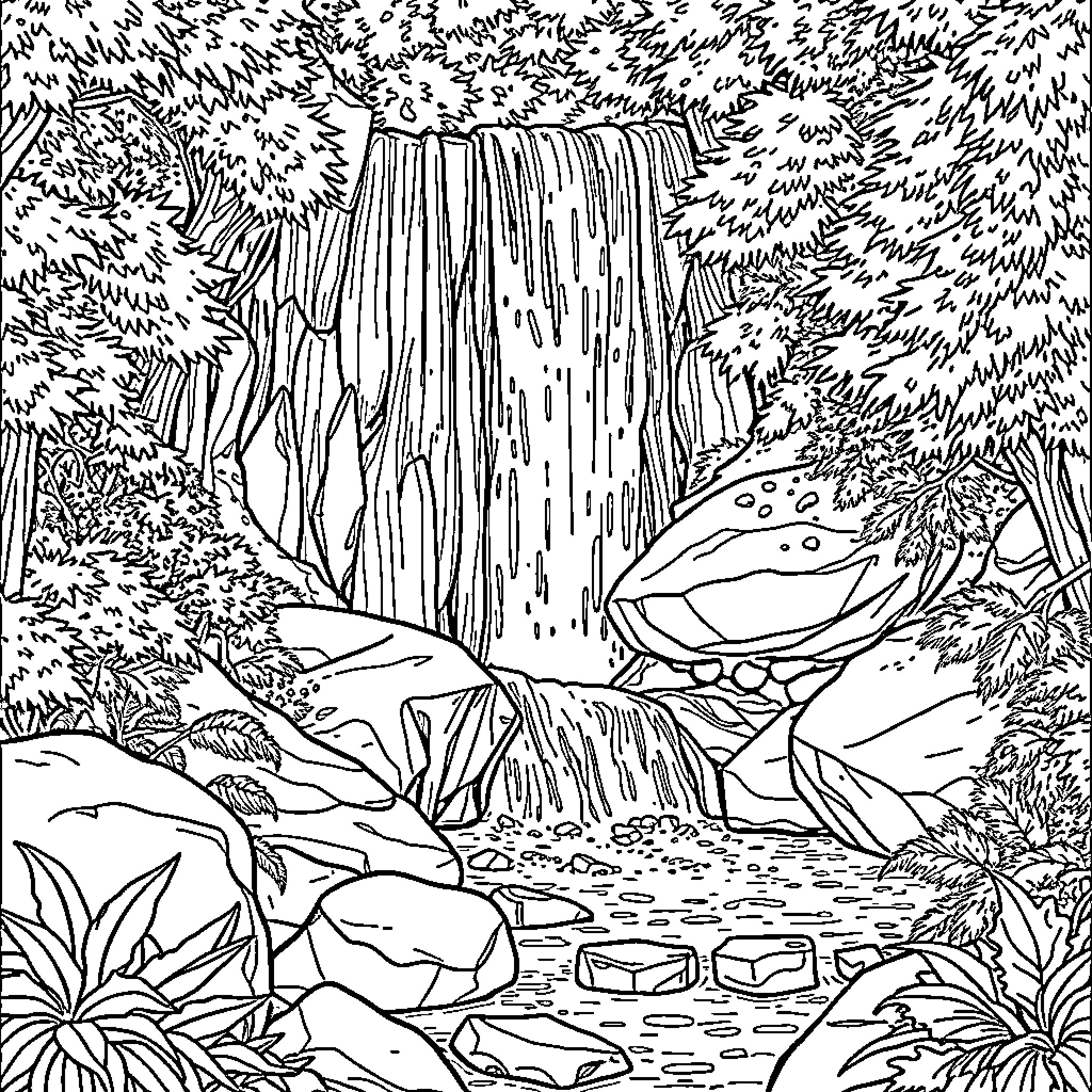 Waterfall flowing through lush foliage landscape Coloring Page (free black-and-white line drawing printable PDF for all, from beginners to advanced learners, including children, teens, adults, and seniors)