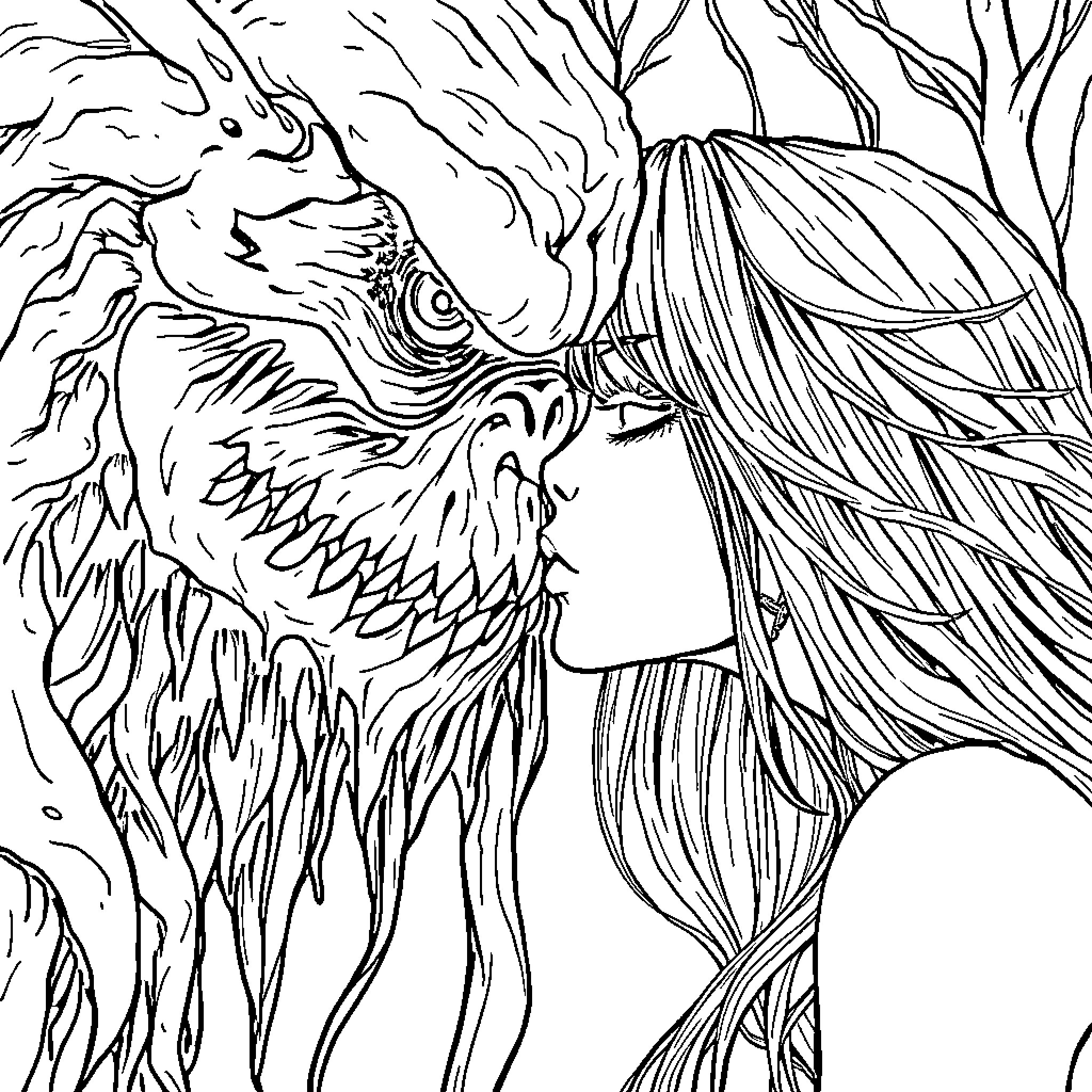 Swamp Monster Emerging from the Mist Coloring Page (free black-and-white line drawing printable PDF for all, from beginners to advanced learners, including children, teens, adults, and seniors)