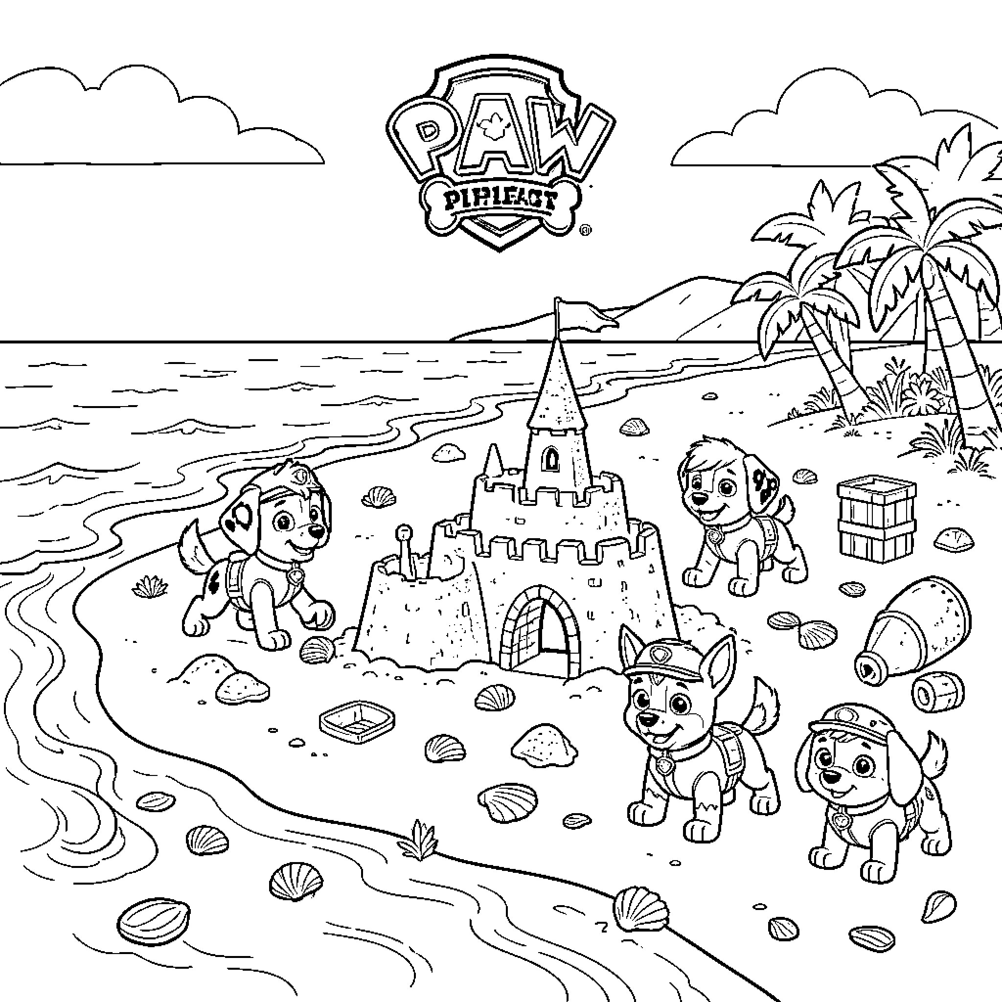 Paw Patrol pups playing with sandcastles on the beach Coloring Page (free black-and-white line drawing printable PDF for all, from beginners to advanced learners, including children, teens, adults, and seniors)