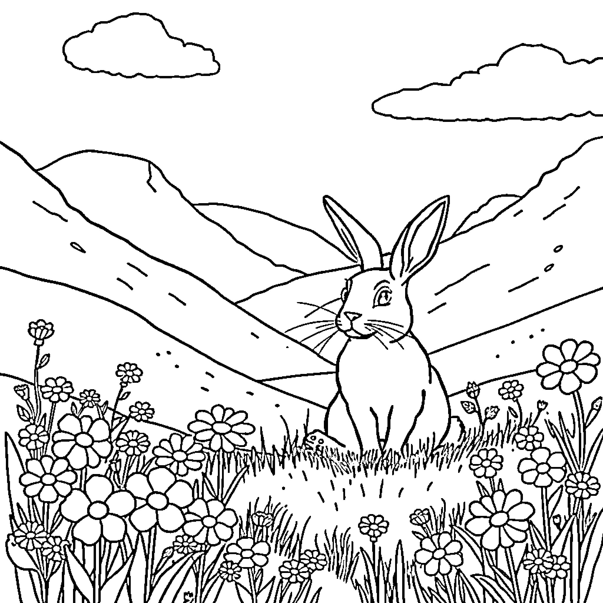 Rabbit enjoying a peaceful day in the meadow Coloring Page (free black-and-white line drawing printable PDF for all, from beginners to advanced learners, including children, teens, adults, and seniors)