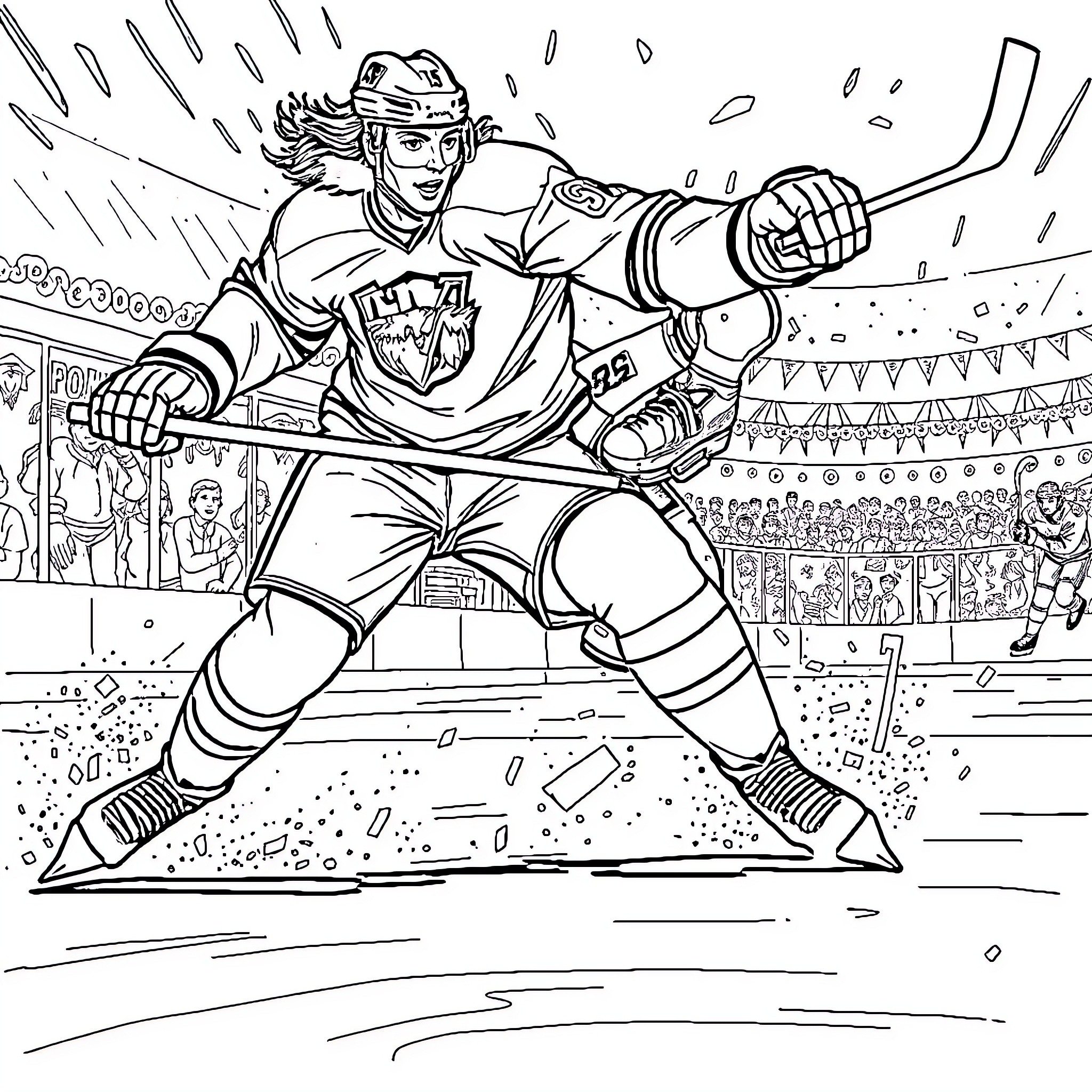 Jaromir Jagr playing hockey with intensity on the ice rink Coloring Page (free black-and-white line drawing printable PDF for all, from beginners to advanced learners, including children, teens, adults, and seniors)