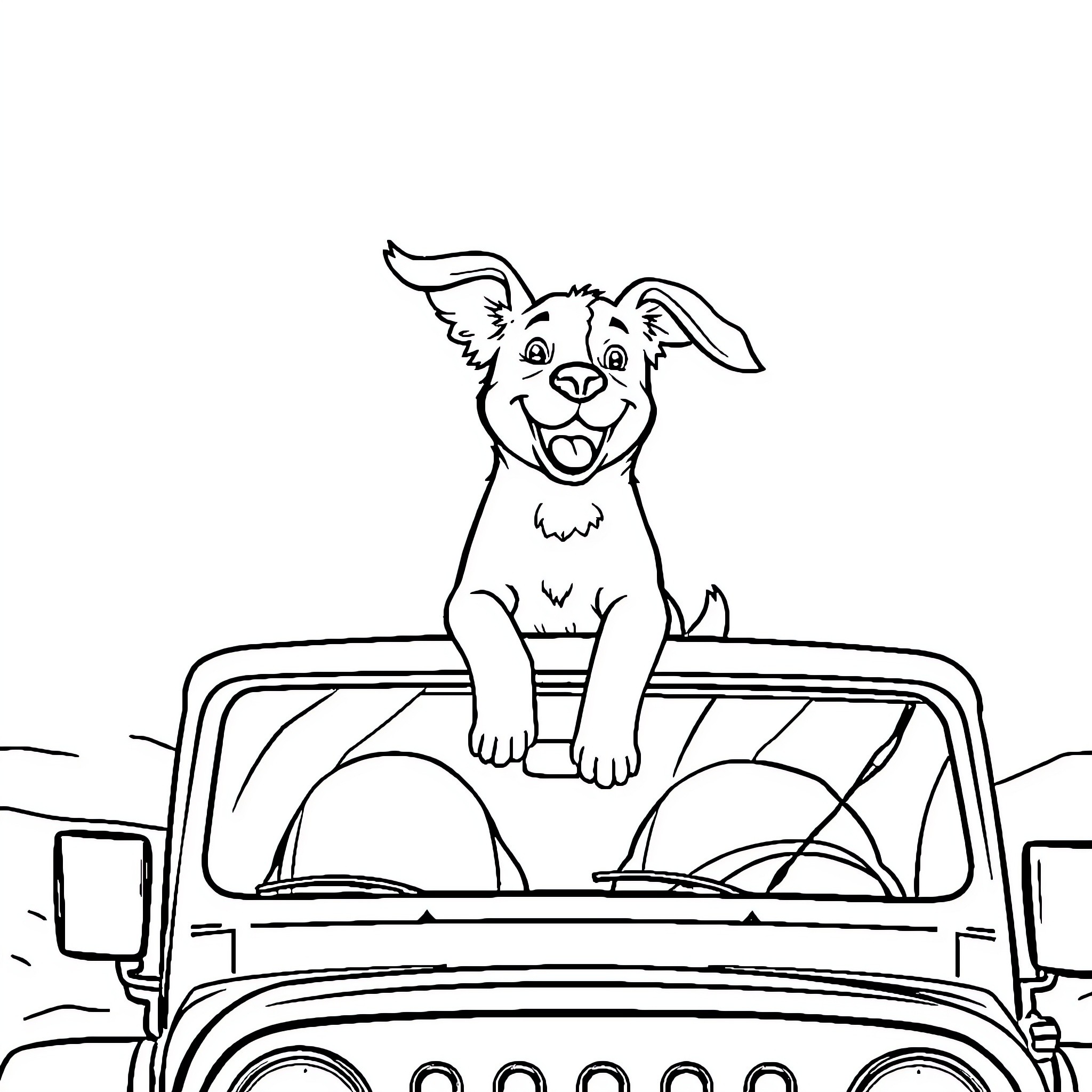 Dog happily riding in a vehicle Coloring Page (free black-and-white line drawing printable PDF for all, from beginners to advanced learners, including children, teens, adults, and seniors)