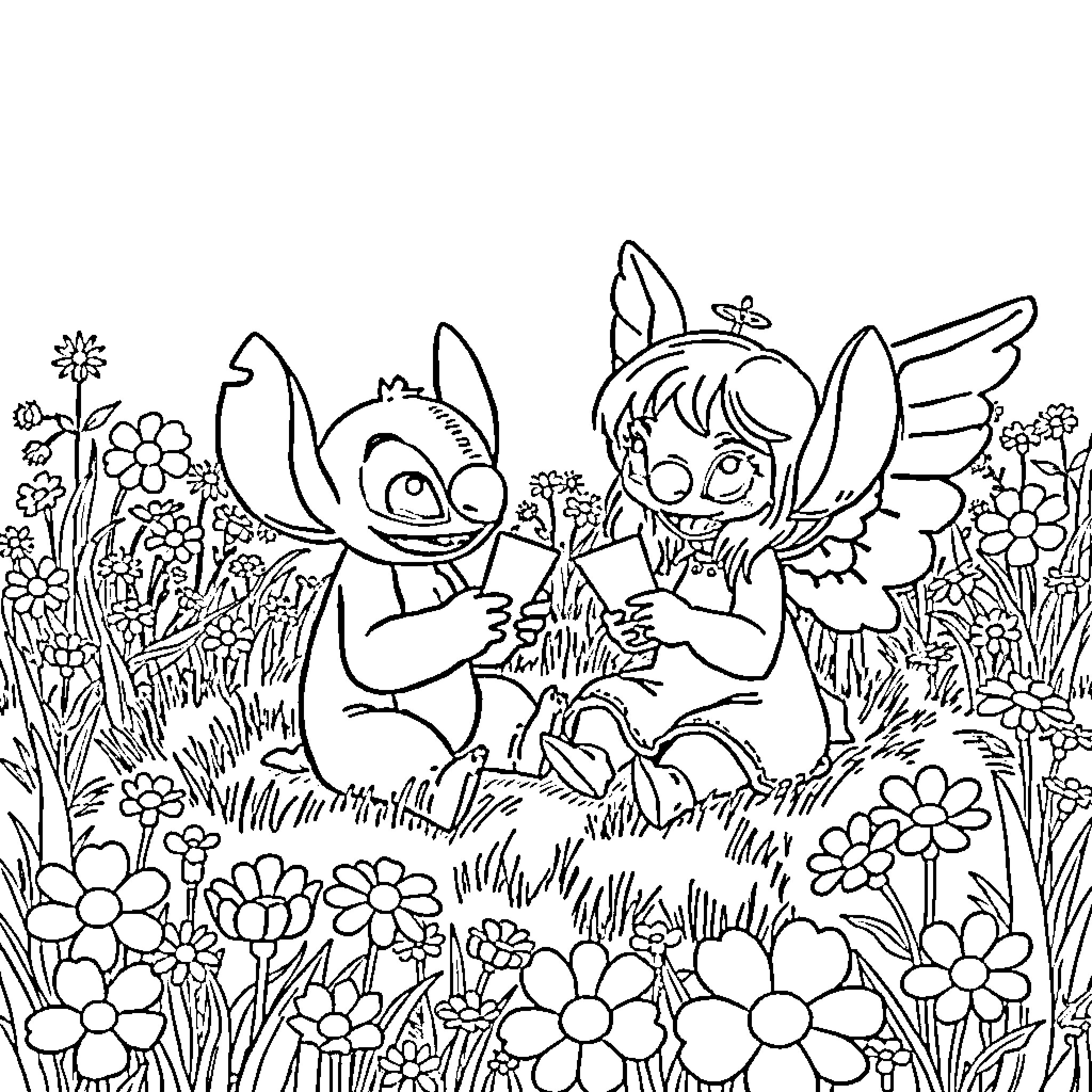 Stitch and Pixie exploring a floral meadow Coloring Page (free black-and-white line drawing printable PDF for all, from beginners to advanced learners, including children, teens, adults, and seniors)