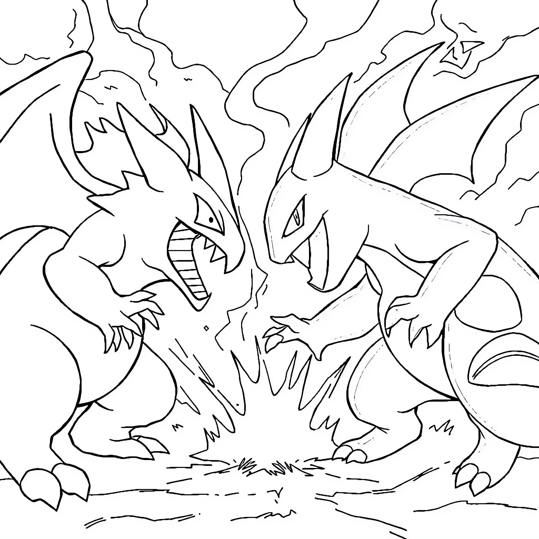 Gengar facing off in an intense battle Coloring Page (free black-and-white line drawing printable PDF for all, from beginners to advanced learners, including children, teens, adults, and seniors)