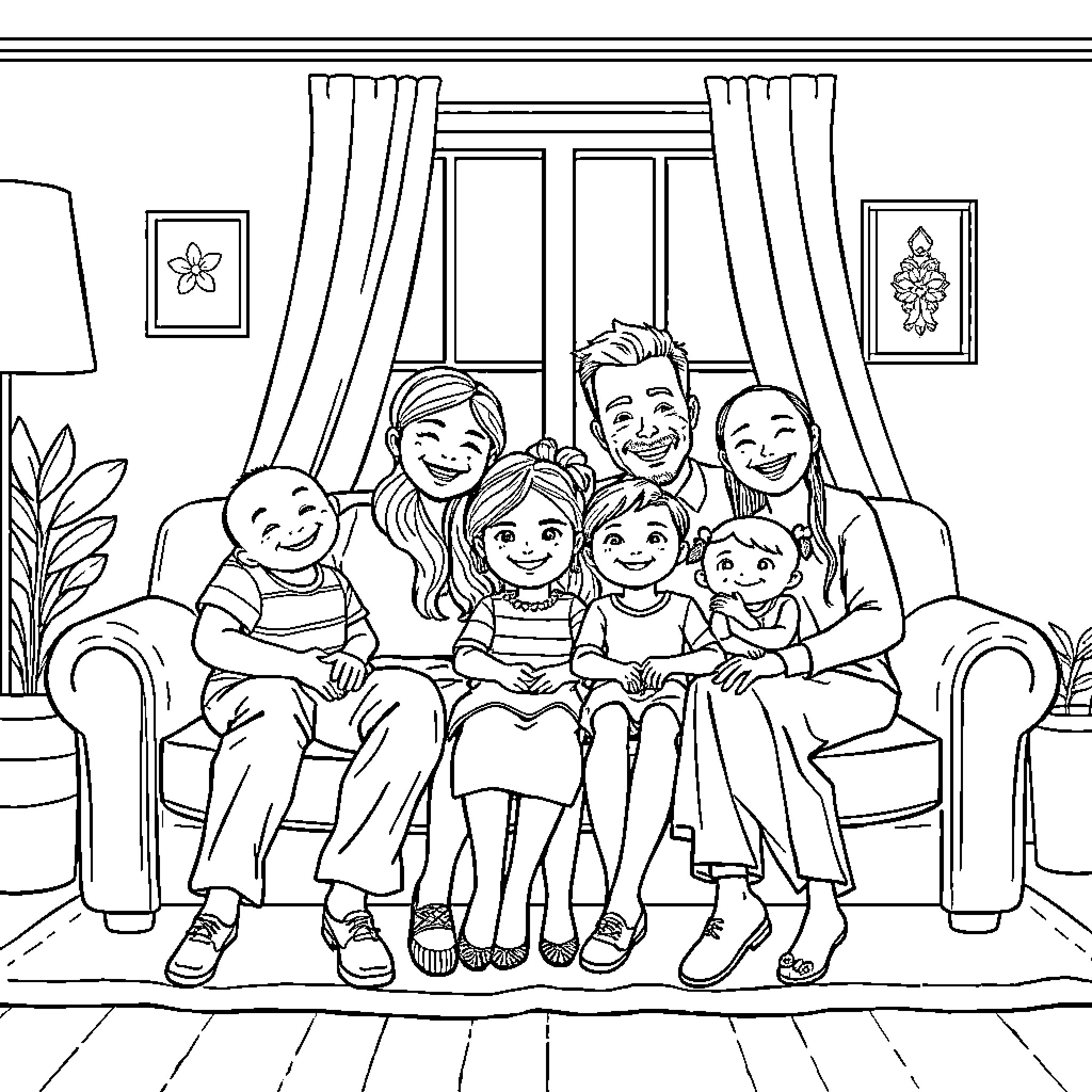 Family Enjoying Quality Time Together Coloring Page (free black-and-white line drawing printable PDF for all, from beginners to advanced learners, including children, teens, adults, and seniors)