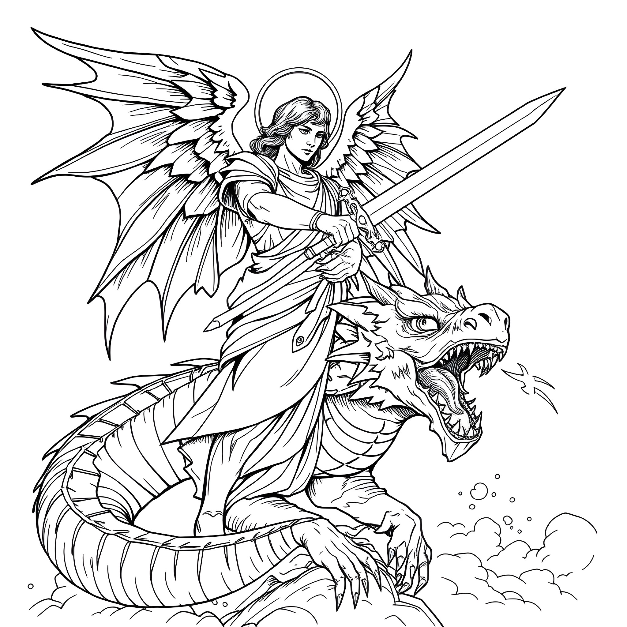 Archangel Slaying a Monstrous Serpent Coloring Page (free black-and-white line drawing printable PDF for all, from beginners to advanced learners, including children, teens, adults, and seniors)