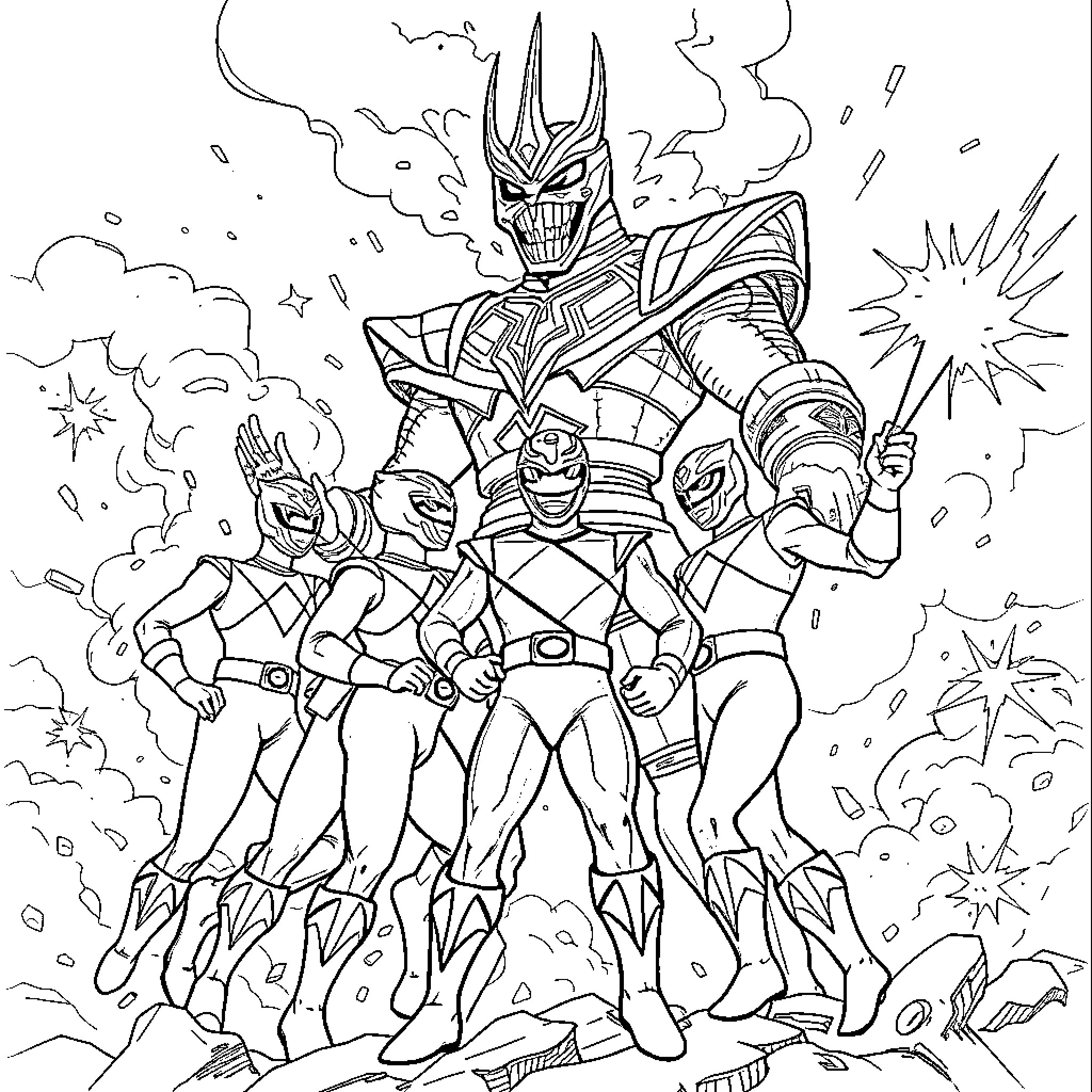 Power Rangers in epic battle formation Coloring Page (free black-and-white line drawing printable PDF for all, from beginners to advanced learners, including children, teens, adults, and seniors)