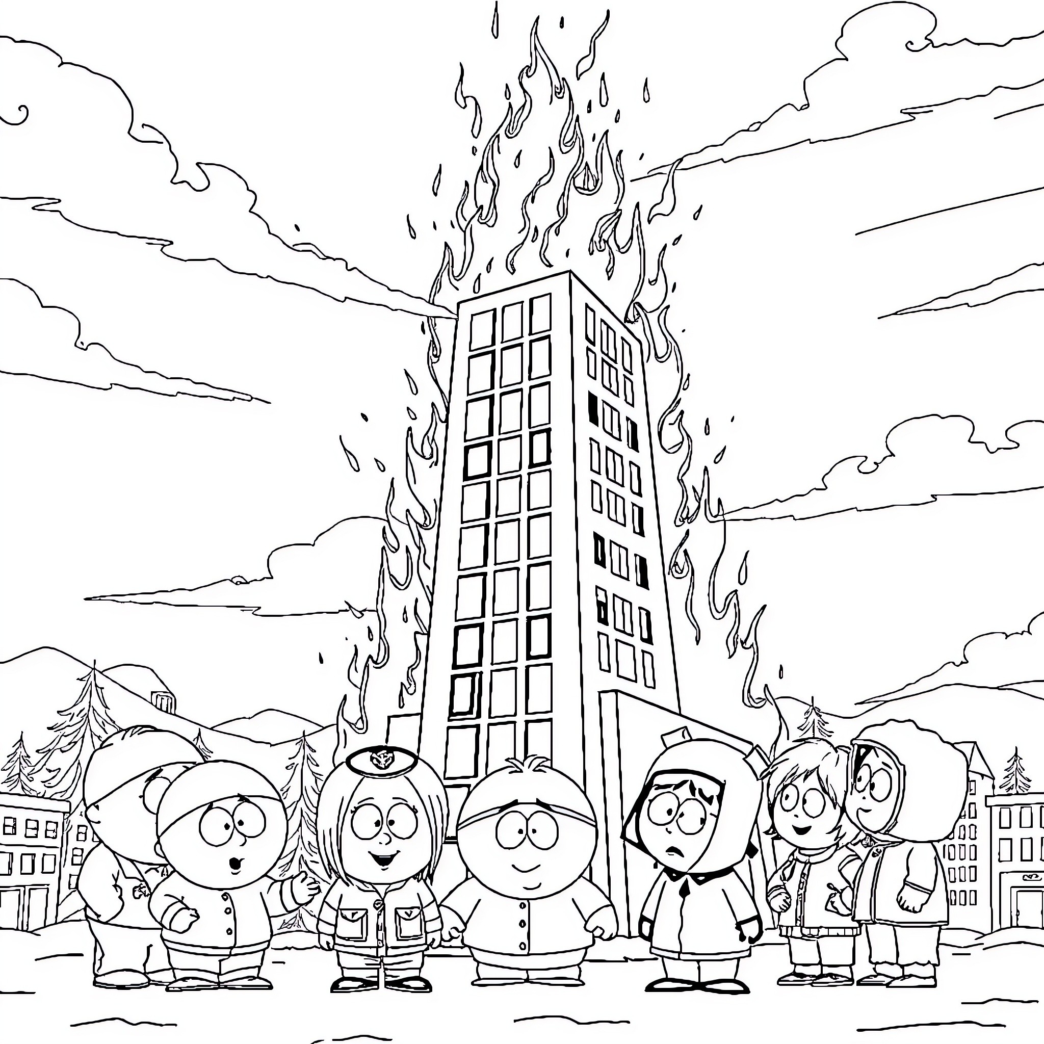 Kid characters watching building on fire in town Coloring Page (free black-and-white line drawing printable PDF for all, from beginners to advanced learners, including children, teens, adults, and seniors)