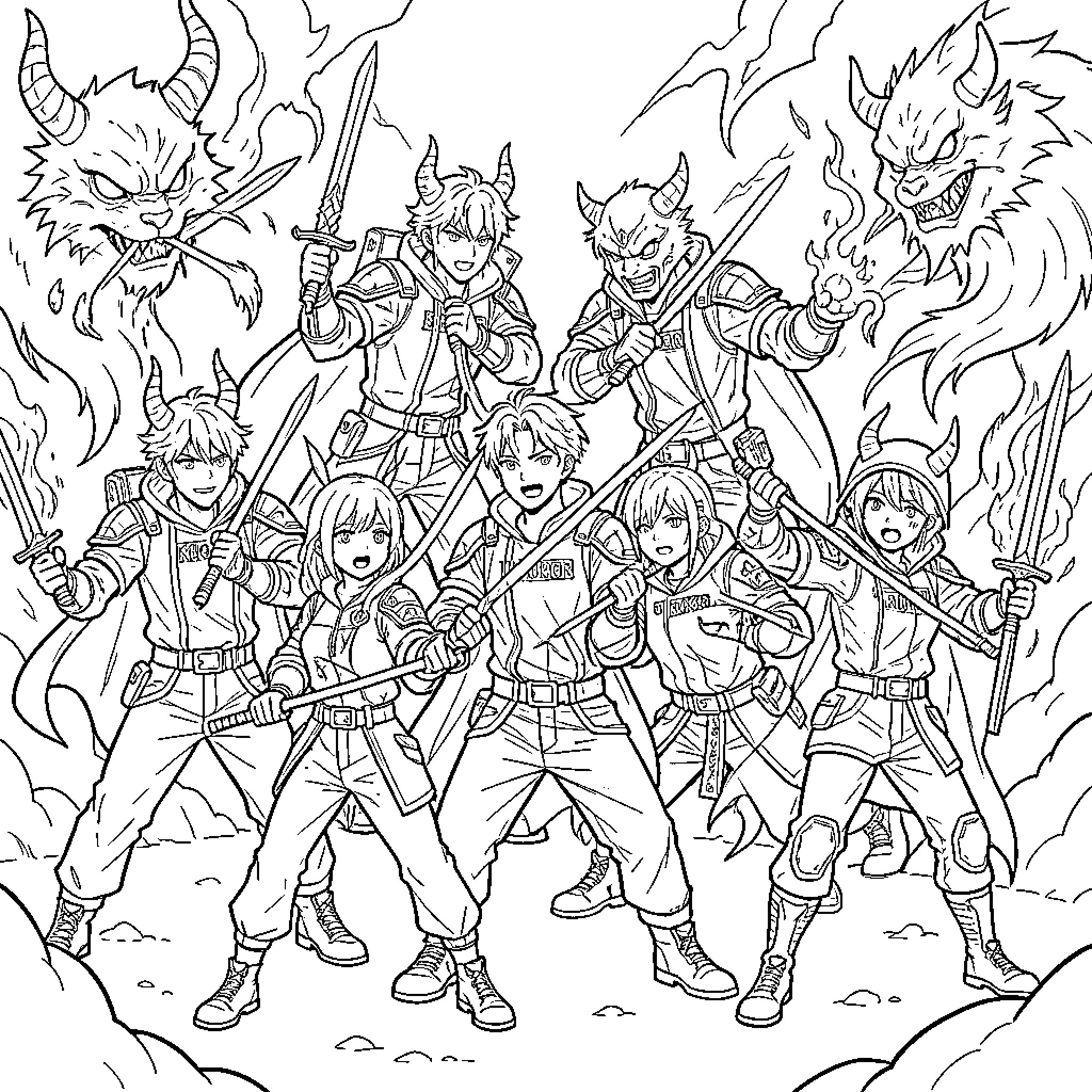 Kpop Demon Hunter group wielding swords against monsters Coloring Page (free black-and-white line drawing printable PDF for all, from beginners to advanced learners, including children, teens, adults, and seniors)