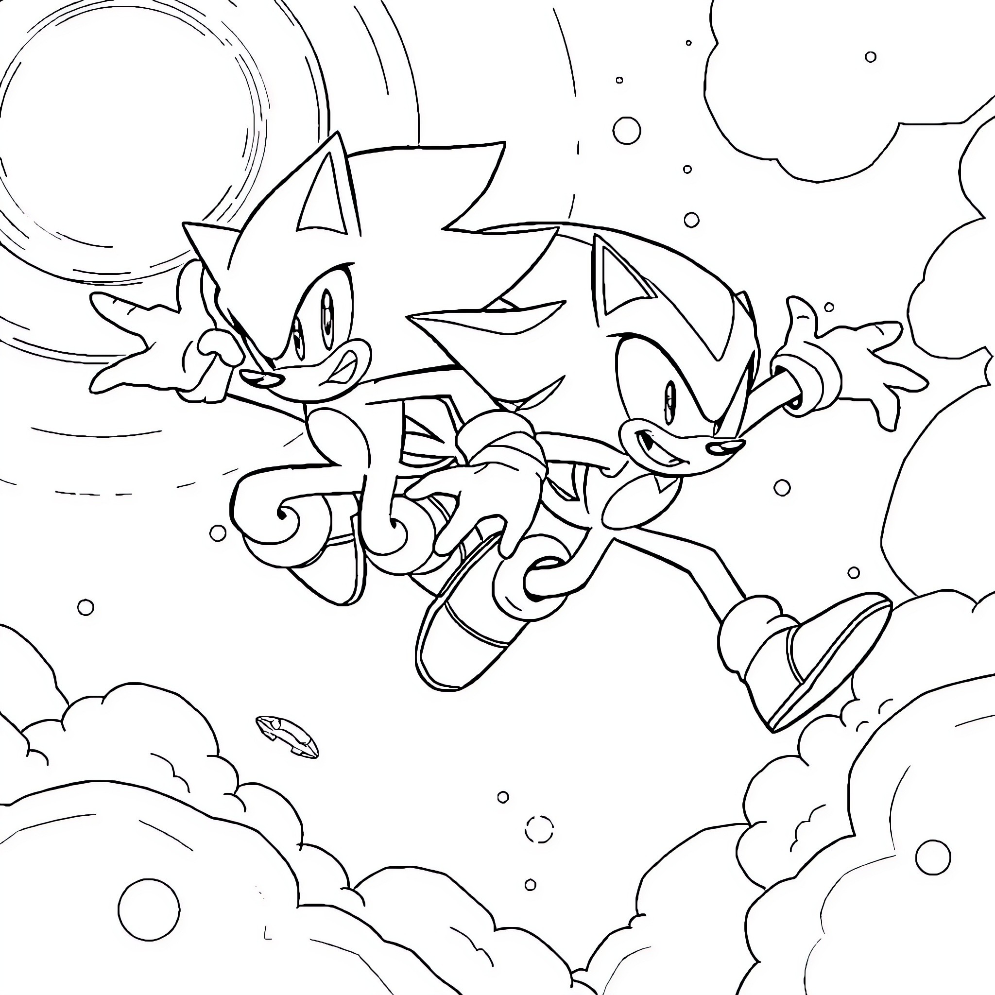 Sonic characters in high-speed action Coloring Page (free black-and-white line drawing printable PDF for all, from beginners to advanced learners, including children, teens, adults, and seniors)